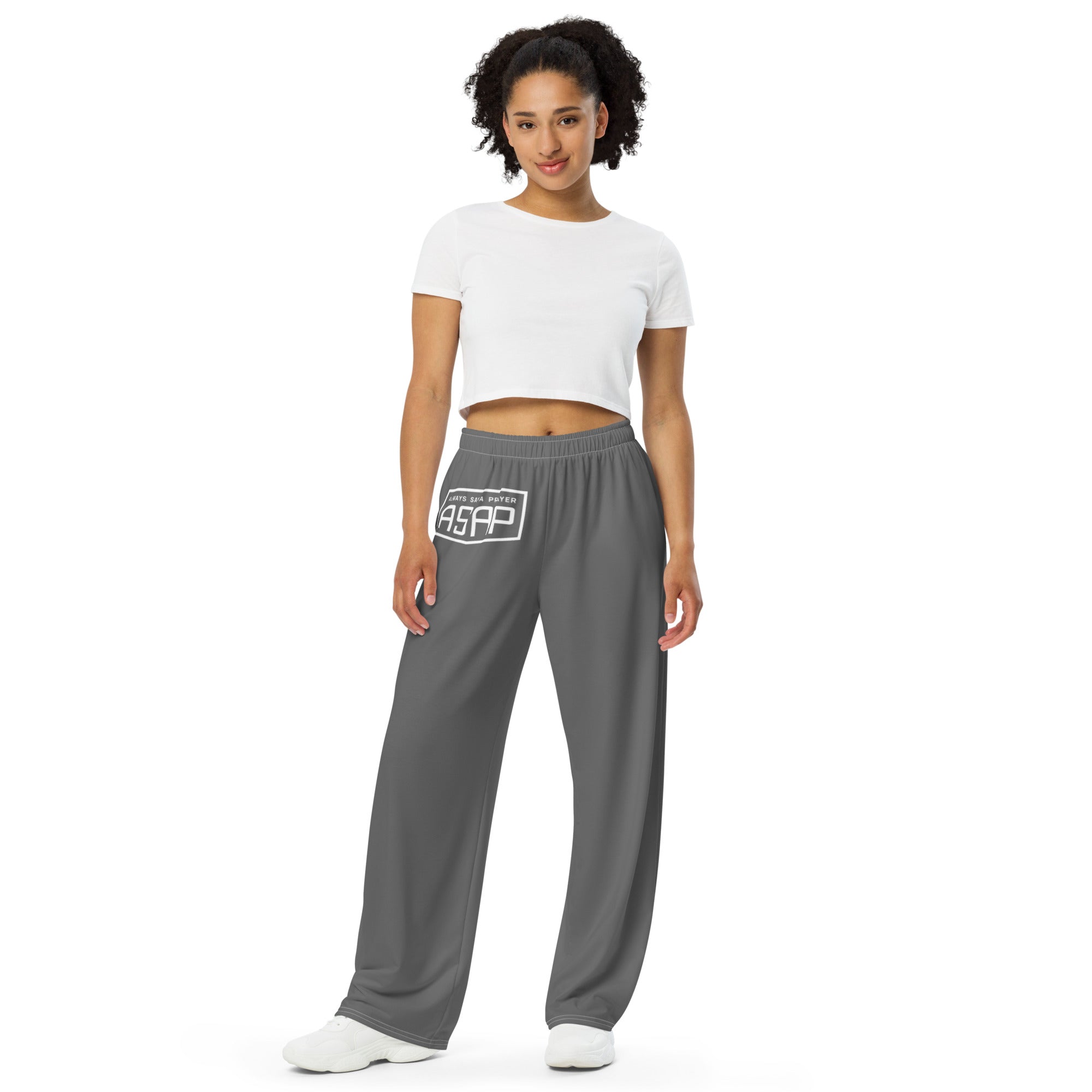 women wearing a gray all over print unisex wide leg with white asap print
