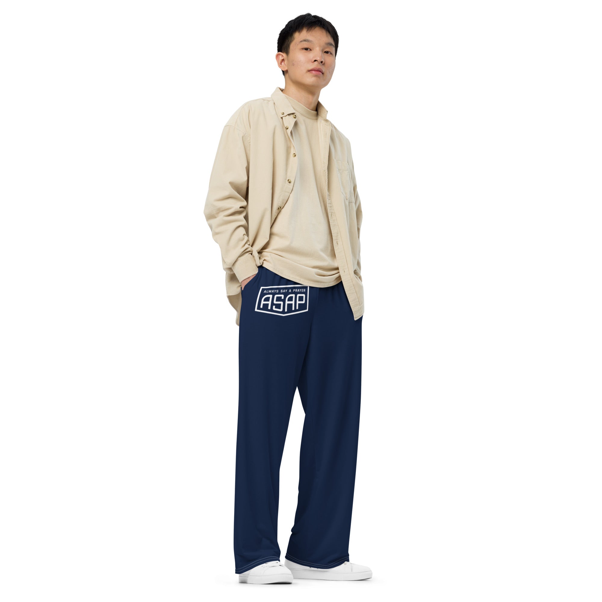 men wearing a navy blue all over print unisex wide leg with white asap print