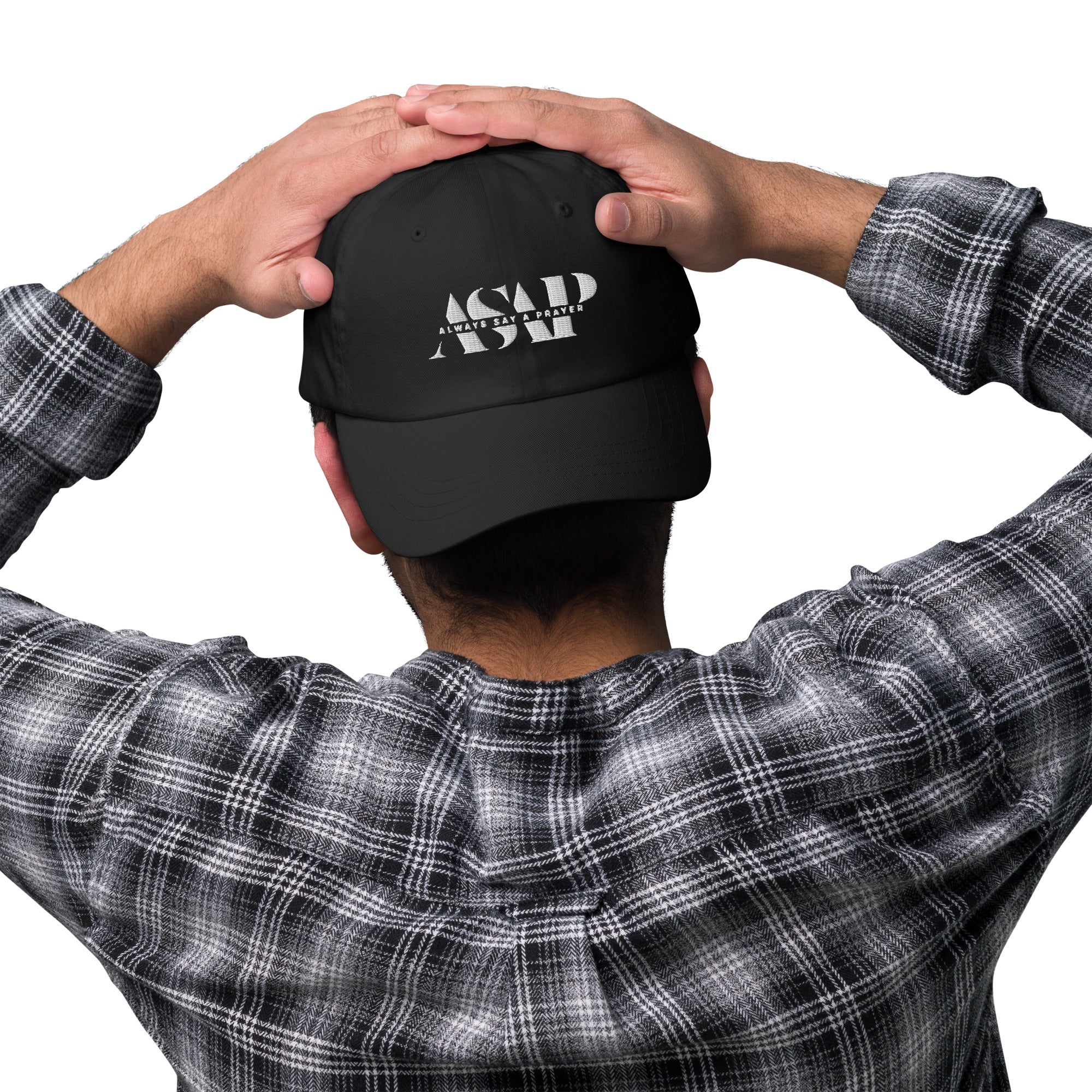 men wearing a classic black Ball Cap with white asap print