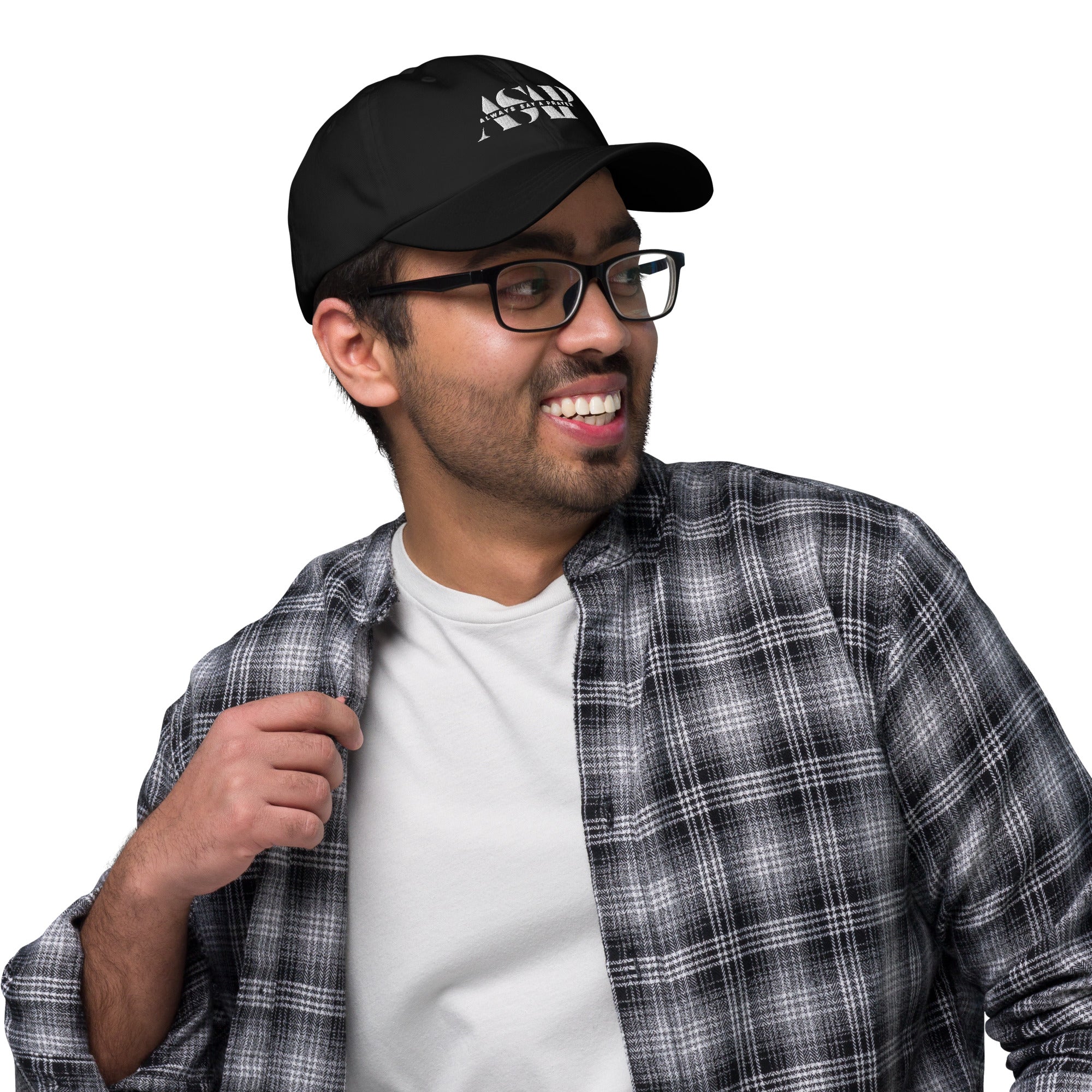 men wearing a classic black Ball Cap with white asap print