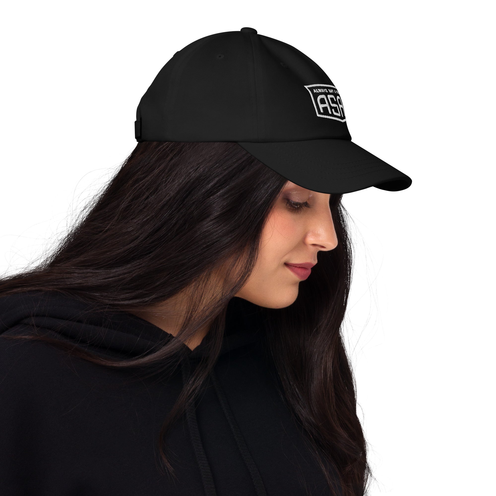 women wearing a classic black Ball Cap with white asap print