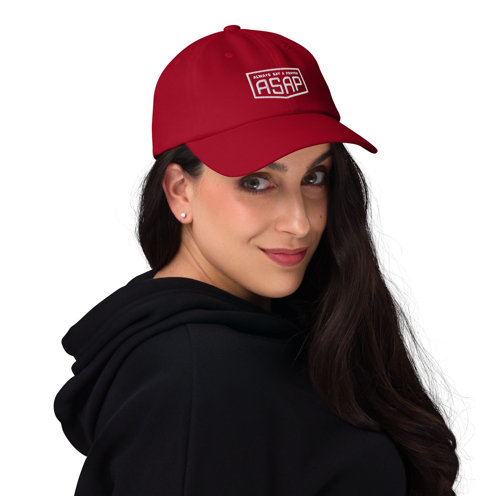 women wearing a classic cranberry red Ball cap  with white asap print