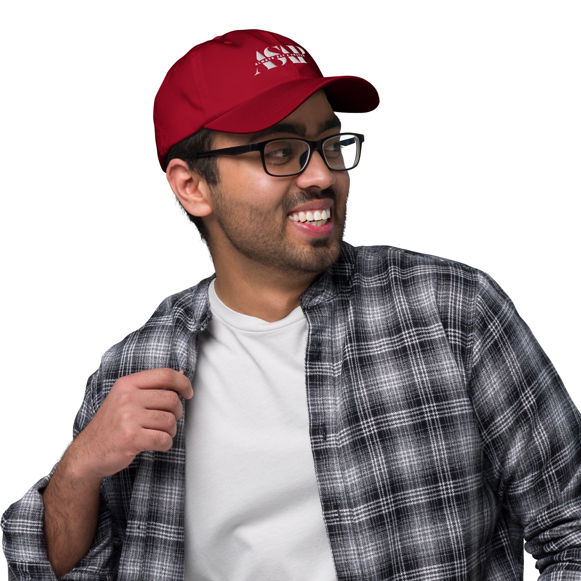 men wearing a classic cranberry red Ball cap  with white asap print