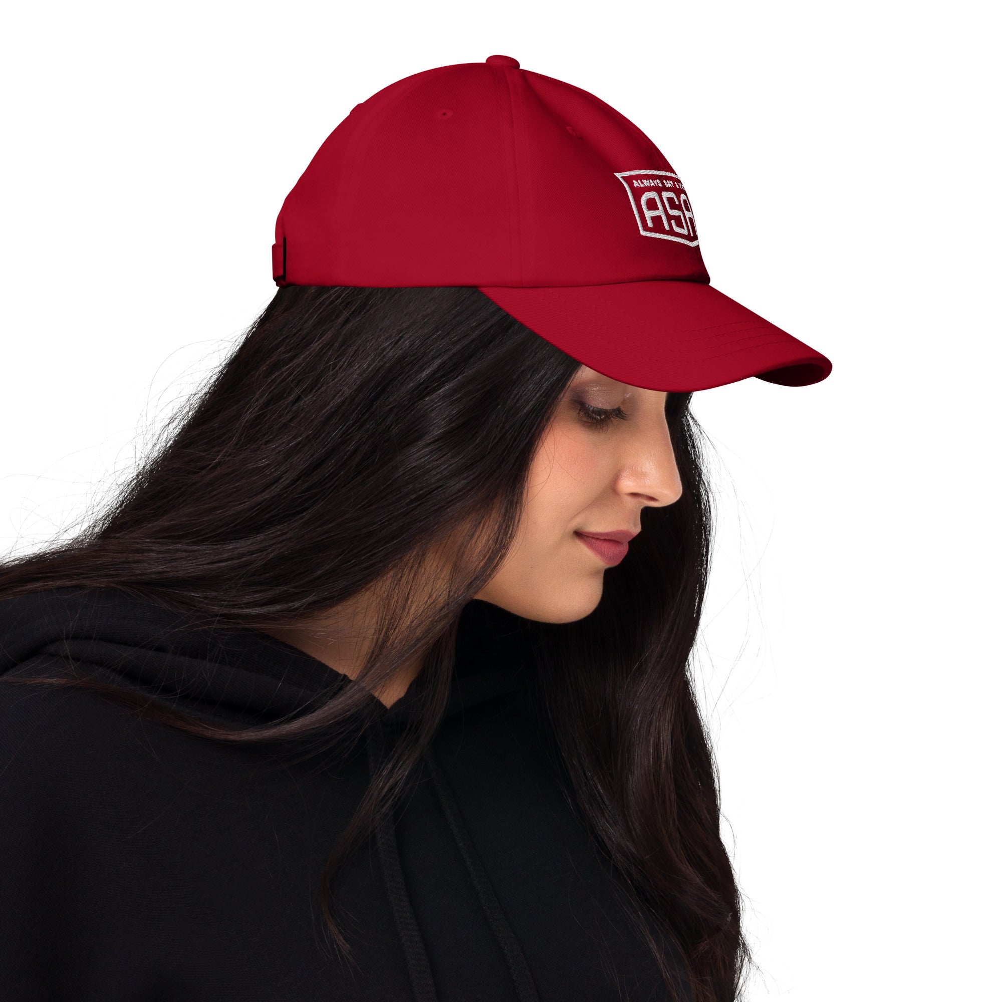 women wearing a classic cranberry red Ball cap  with white asap print