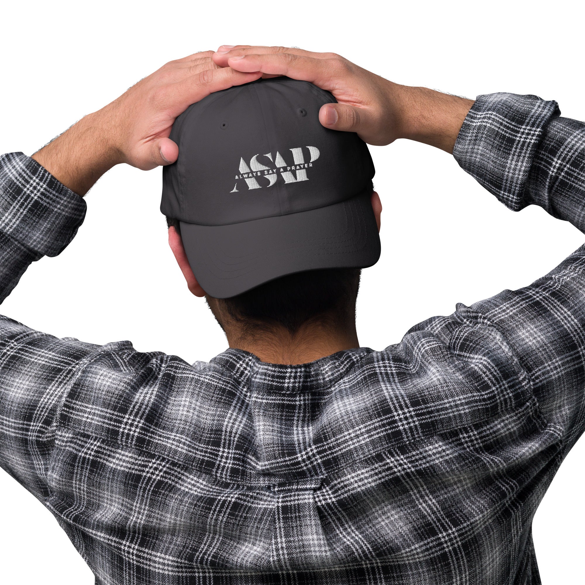 men wearing a classic dark grey Ball cap with white asap print
