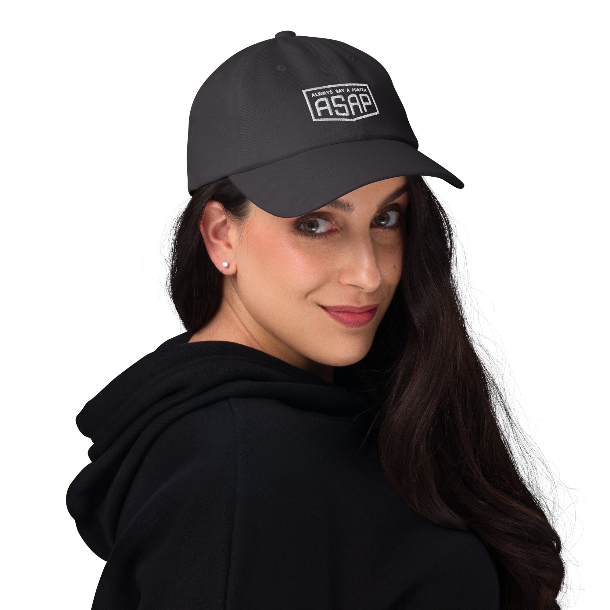 women wearing a classic dark grey ball cap with white asap print