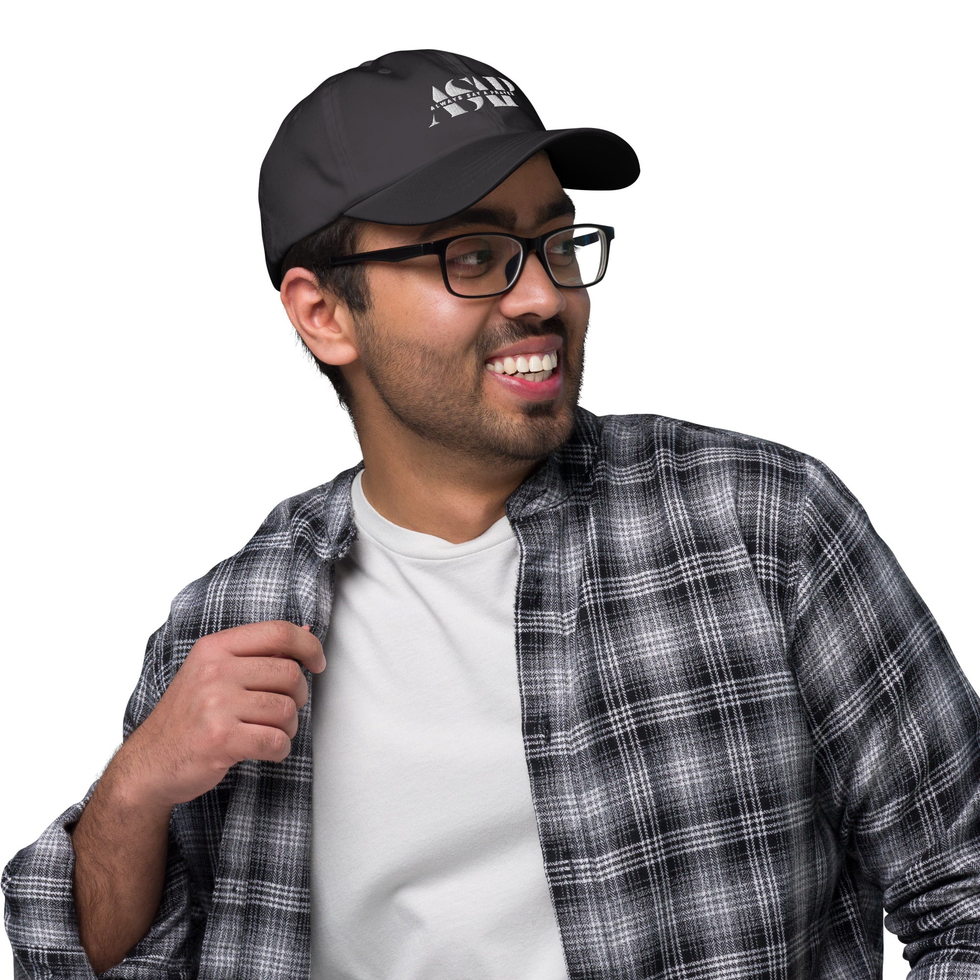 men wearing a classic dark grey Ball cap with white asap print