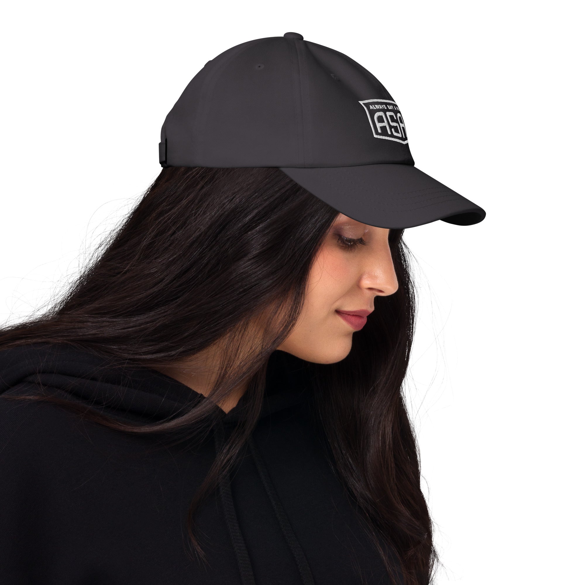 women wearing a classic dark grey ball cap with white asap print