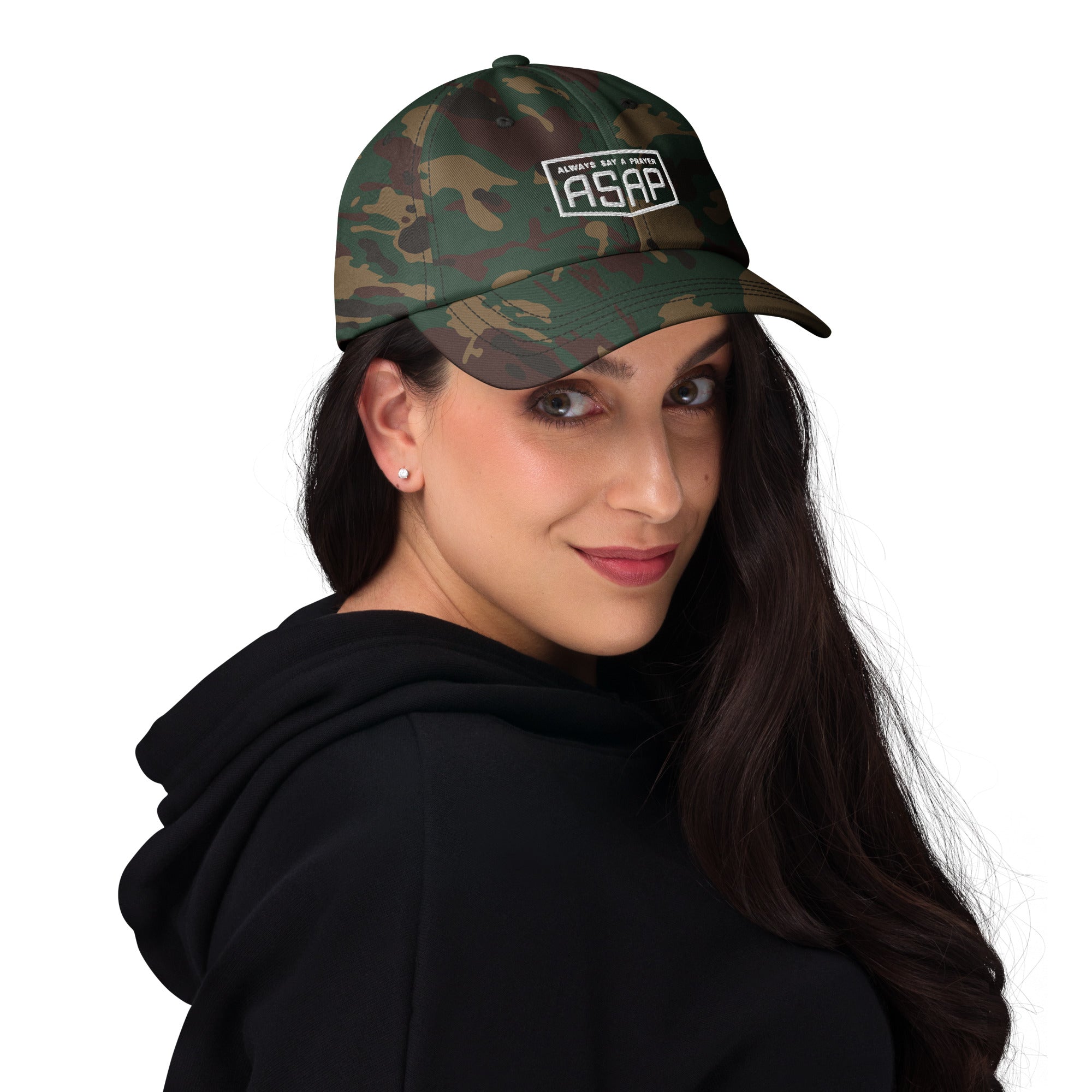 women wearing a classic camo green ball cap with white asap print