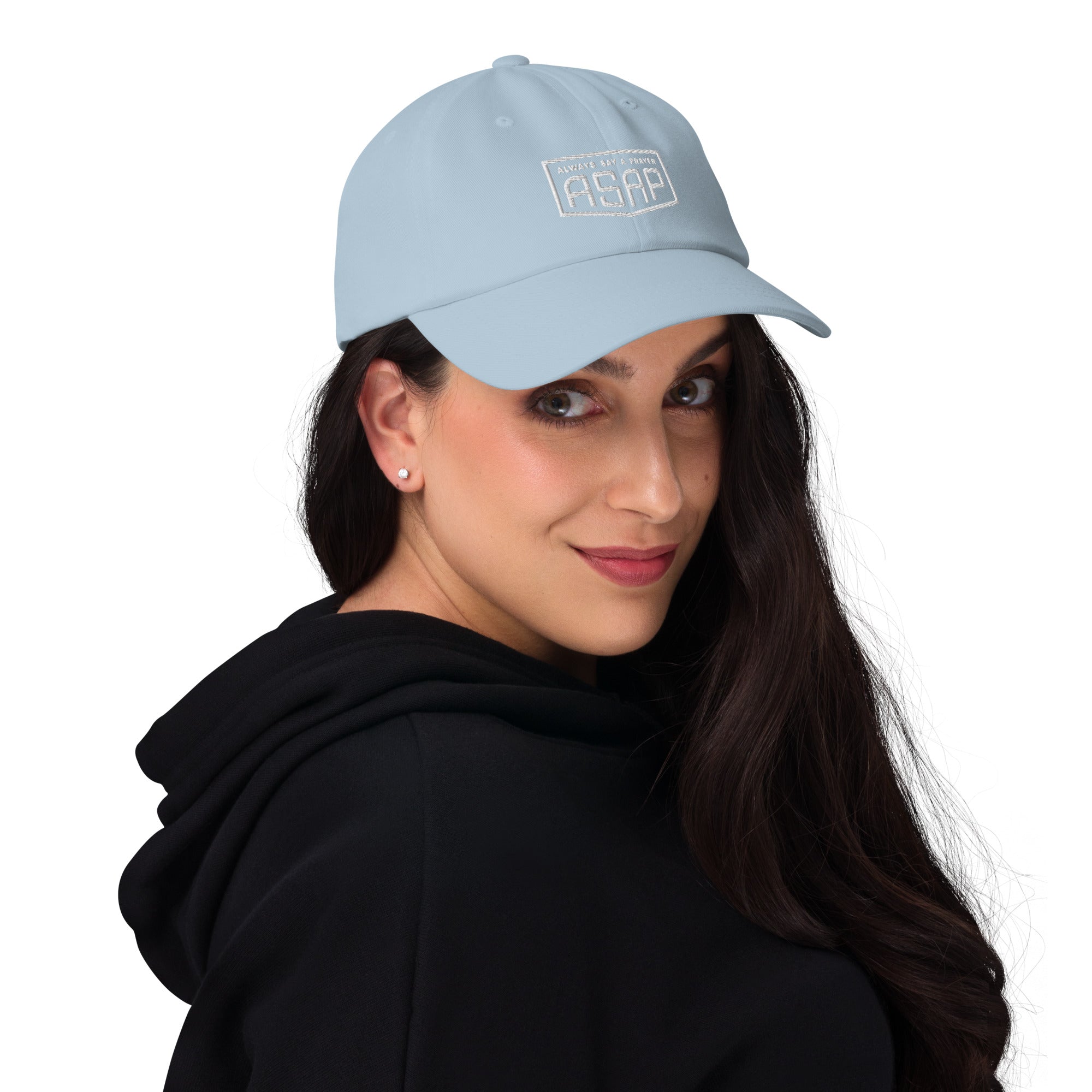women wearing a classic light blue Ball cap with white asap print