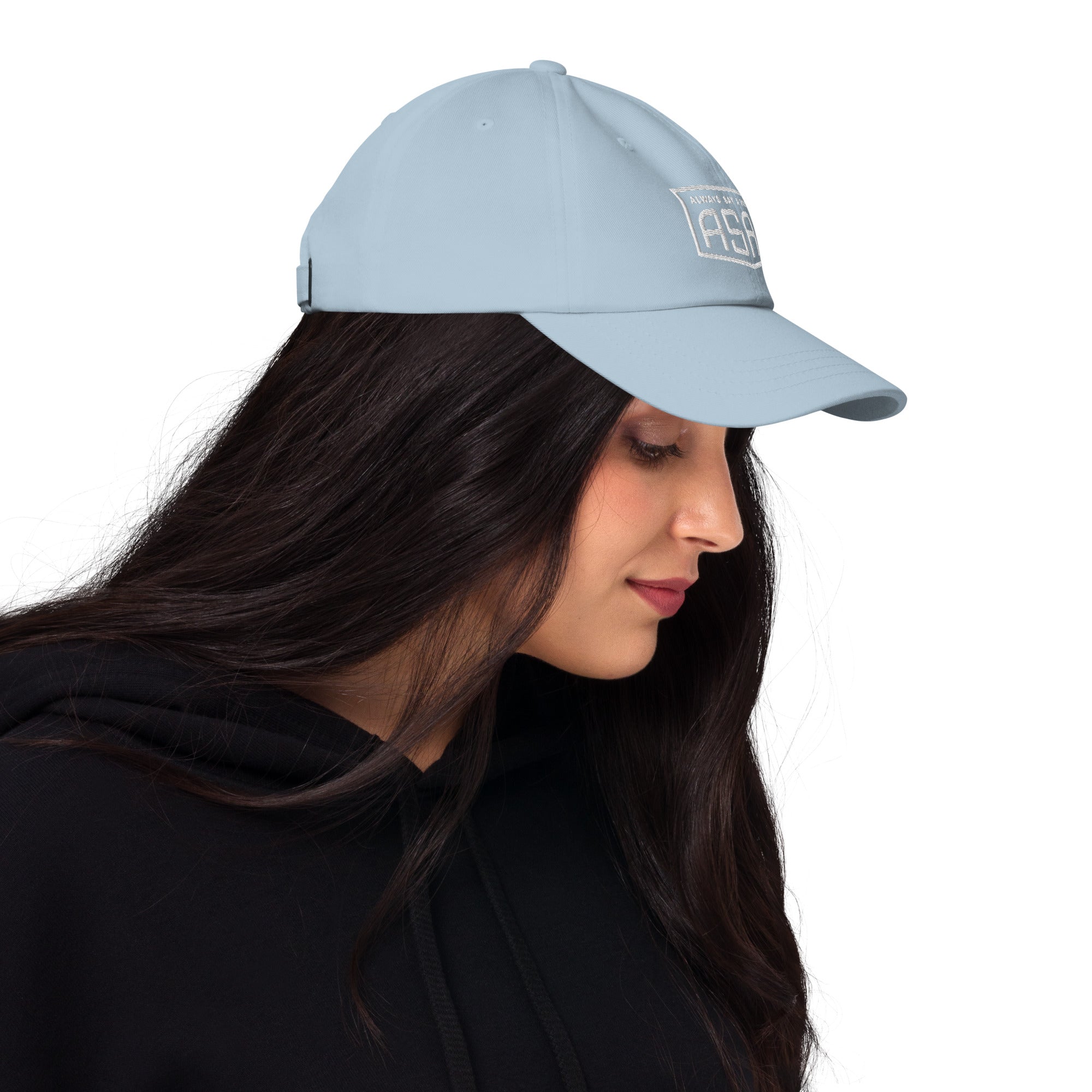 women wearing a classic light blue Ball cap with white asap print