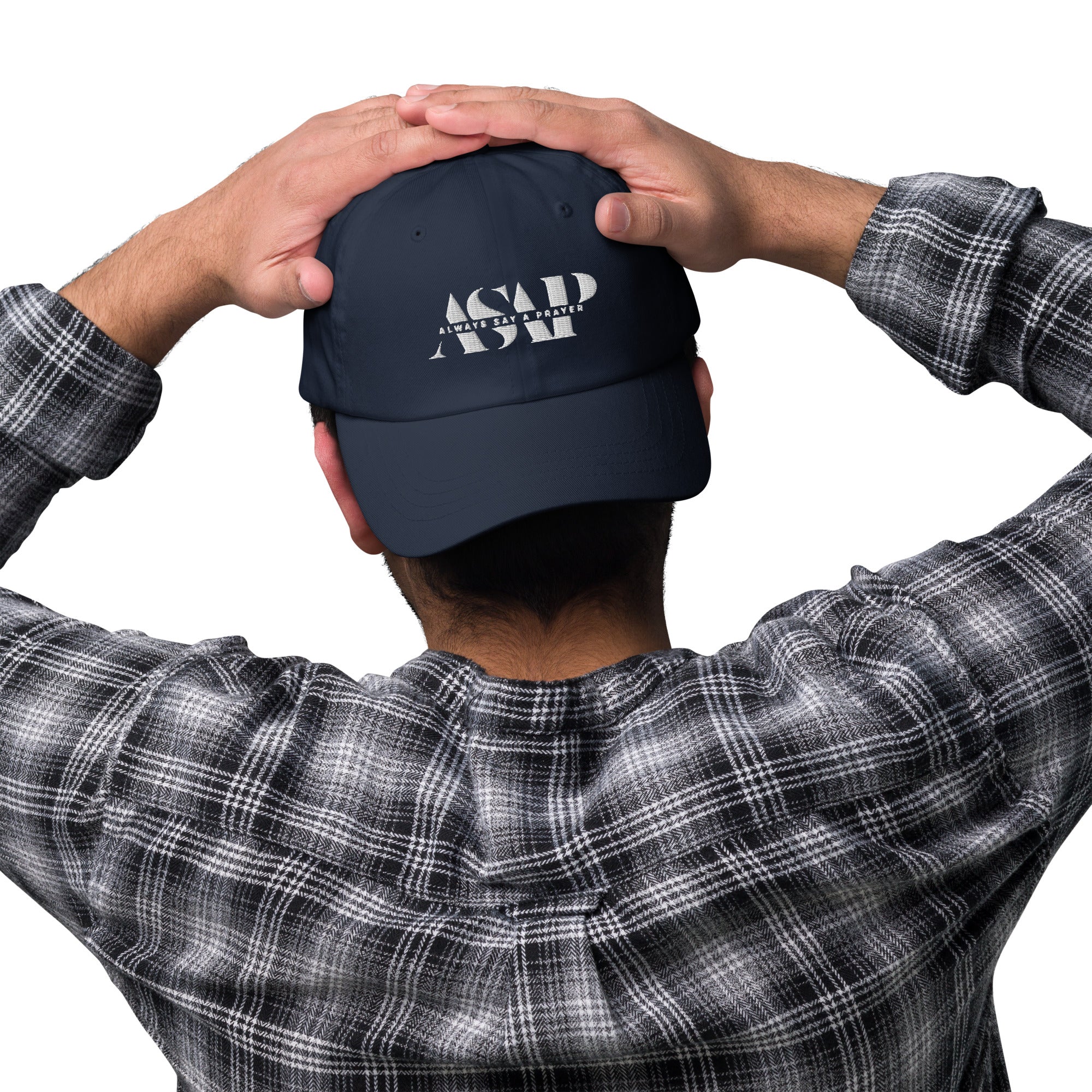 men wearing a classic navy blue Ball Cap with white asap print