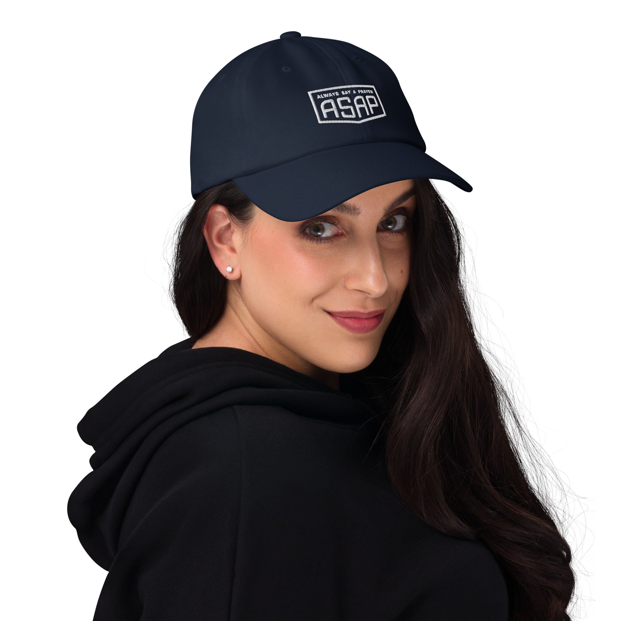 women wearing a classic navy blue dad hat with white asap print
