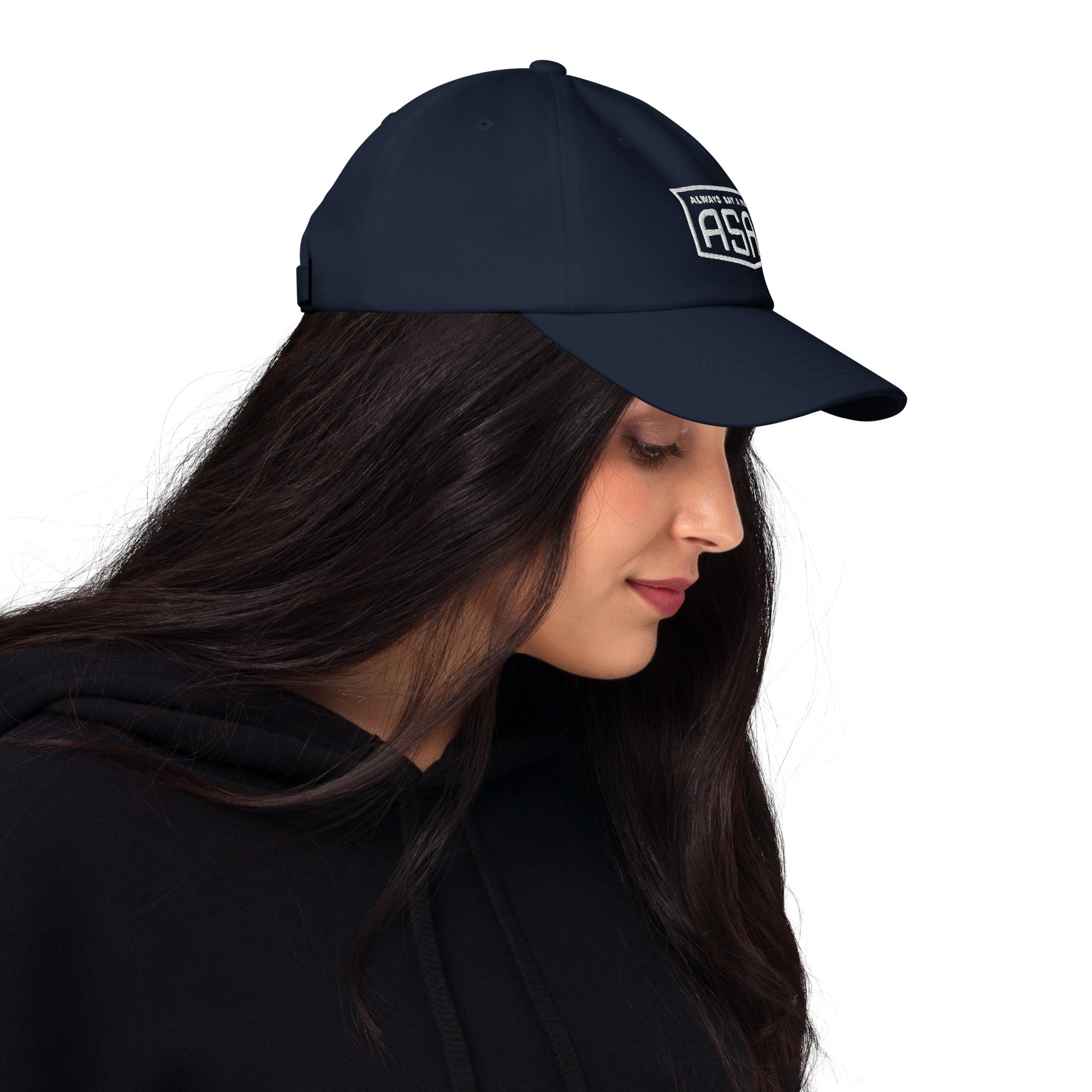 women wearing a classic navy blue Ball Cap with white asap print