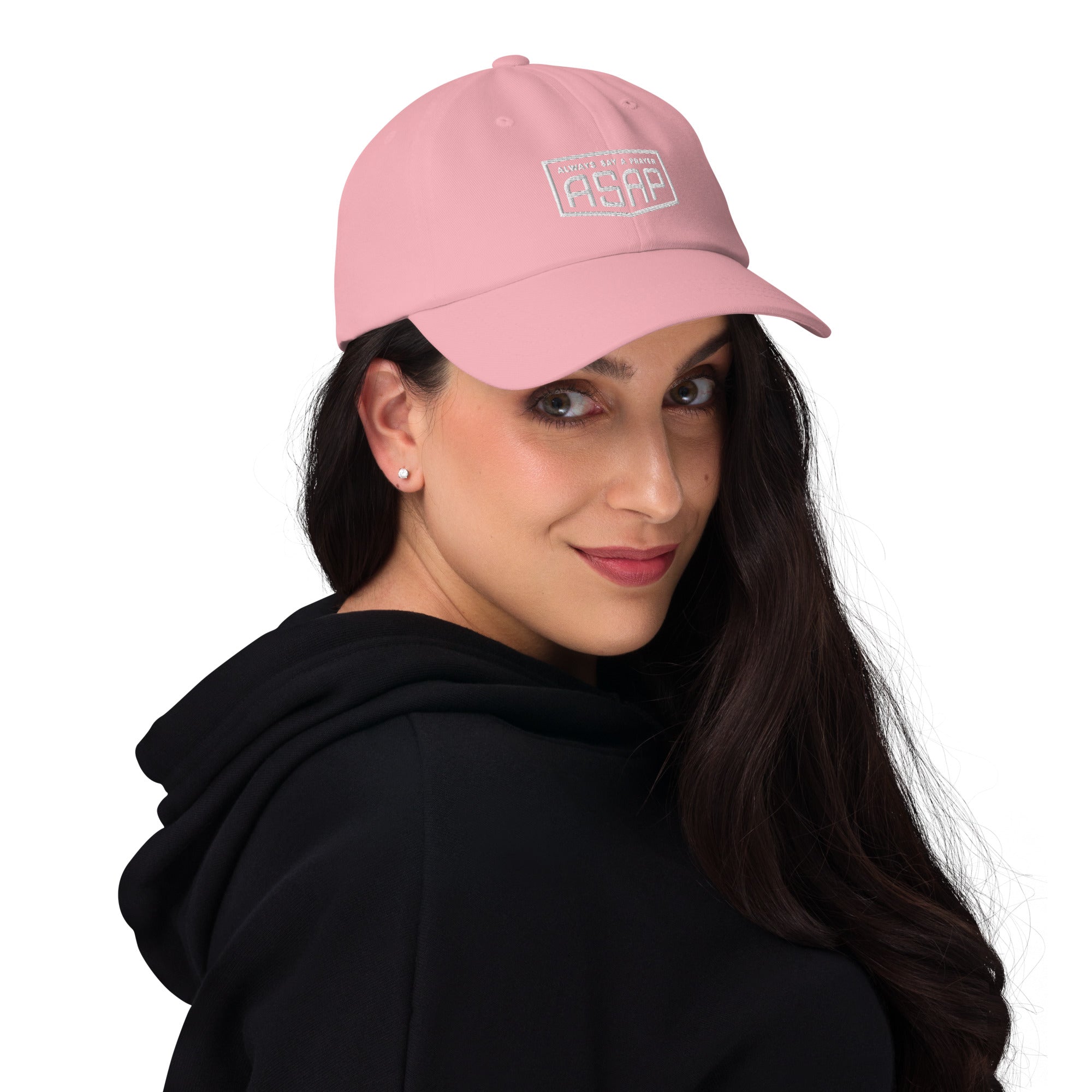 women wearing a pink classic ball cap with green asap print