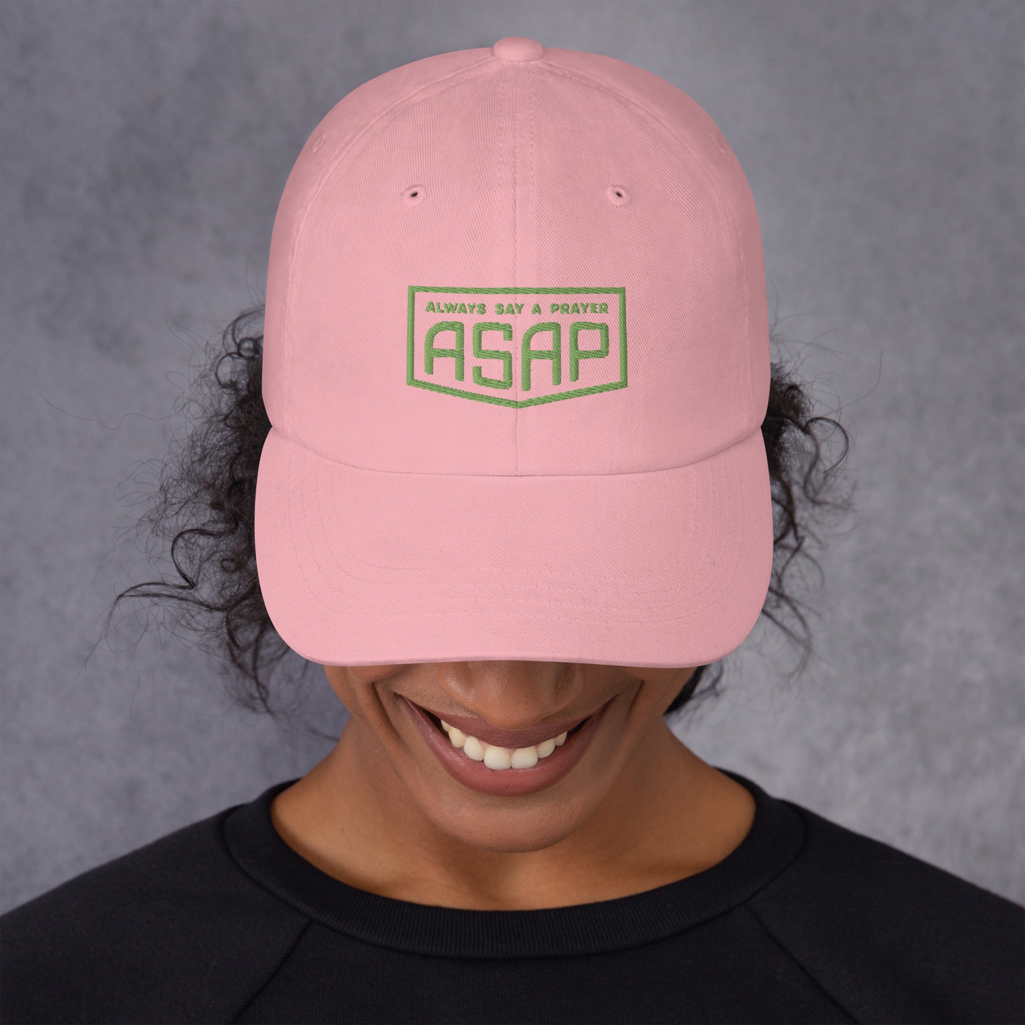 women wearing a pink classic ball cap with green asap print