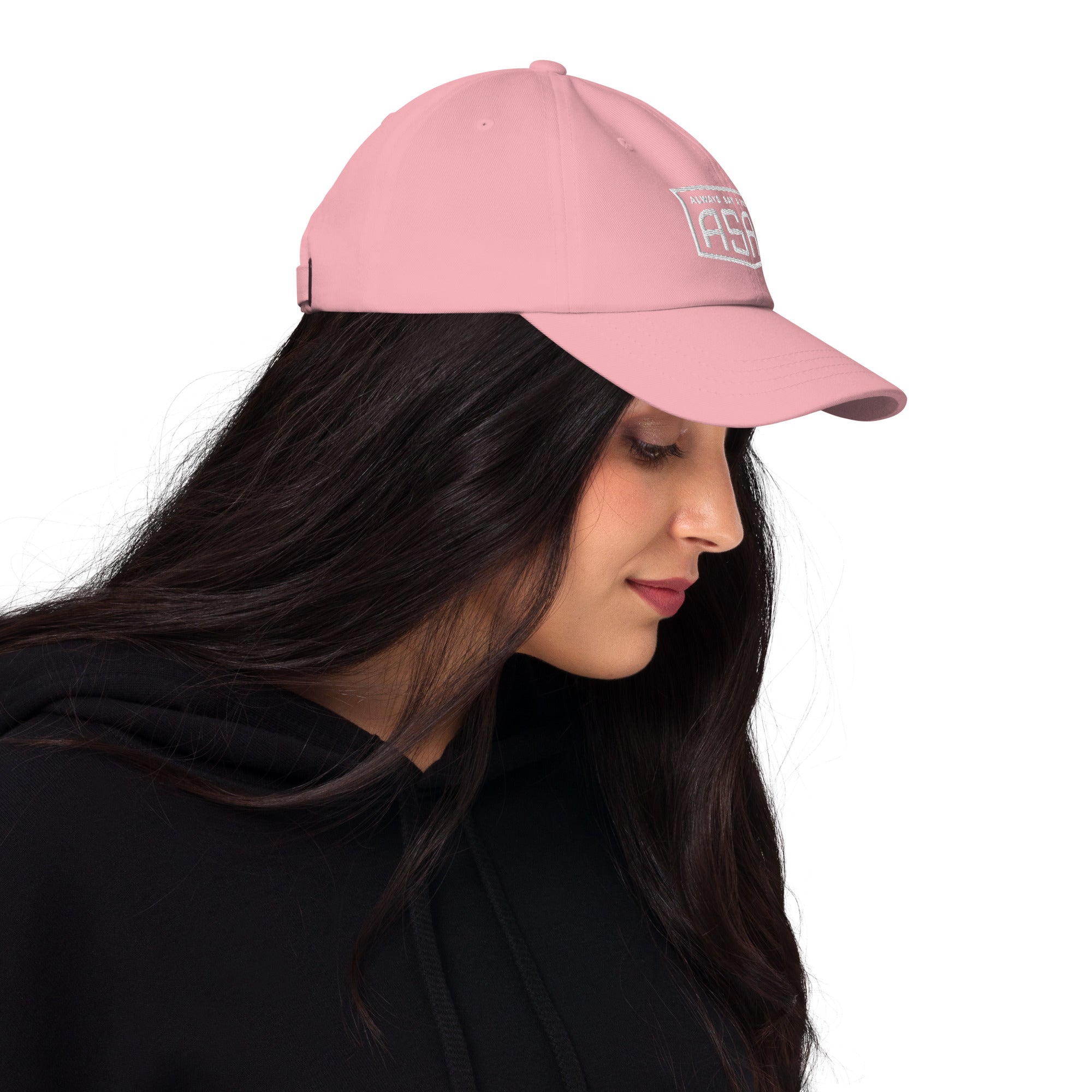 women wearing a pink classic ball cap with green asap print