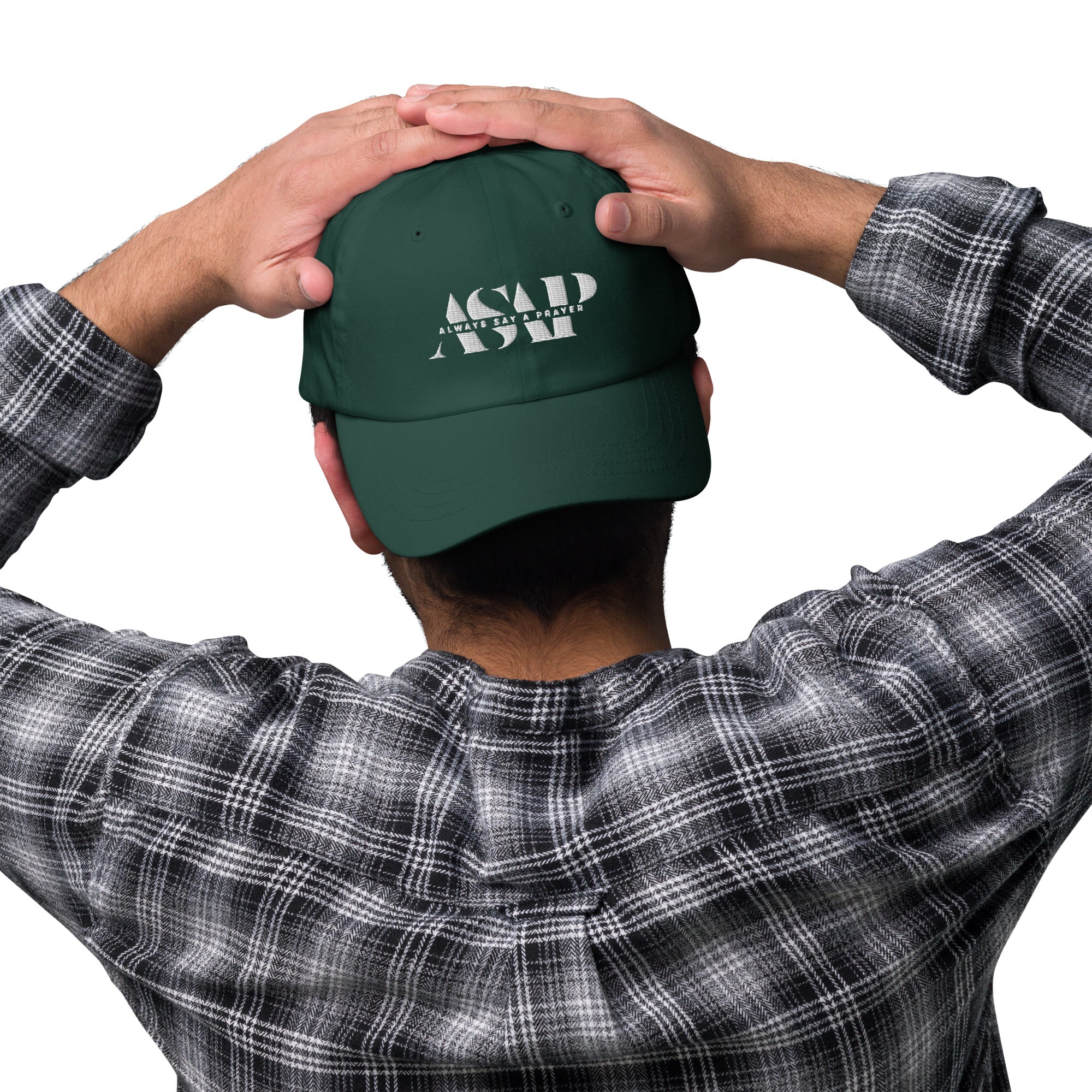 men wearing a classic olive green Ball Cap with white asap print
