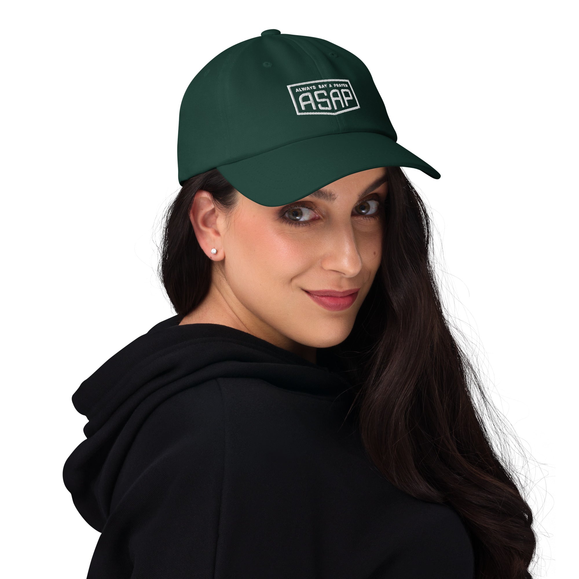 women wearing a classic spruce green Ball cap with white asap print