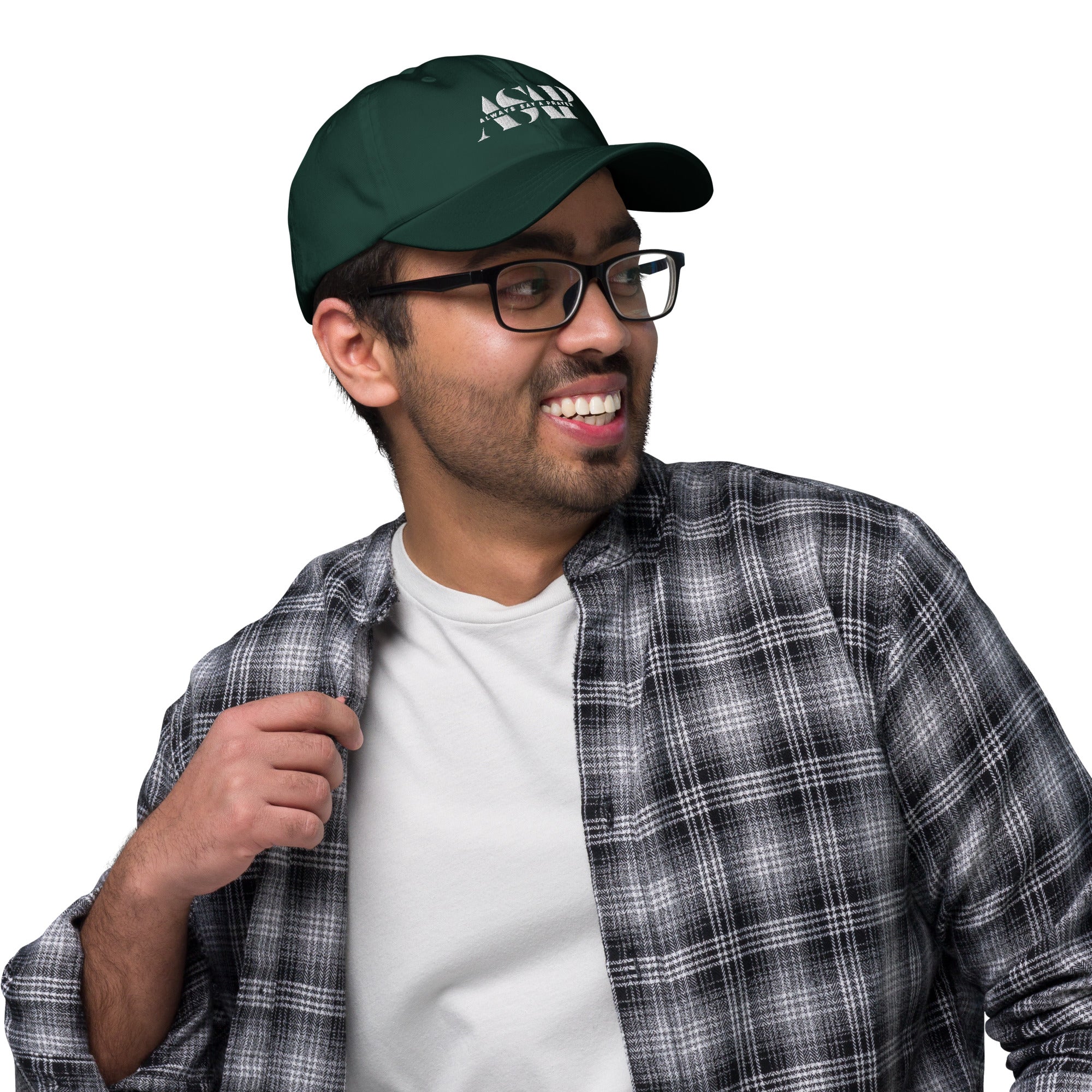 men wearing a classic olive green Ball cap with white asap print