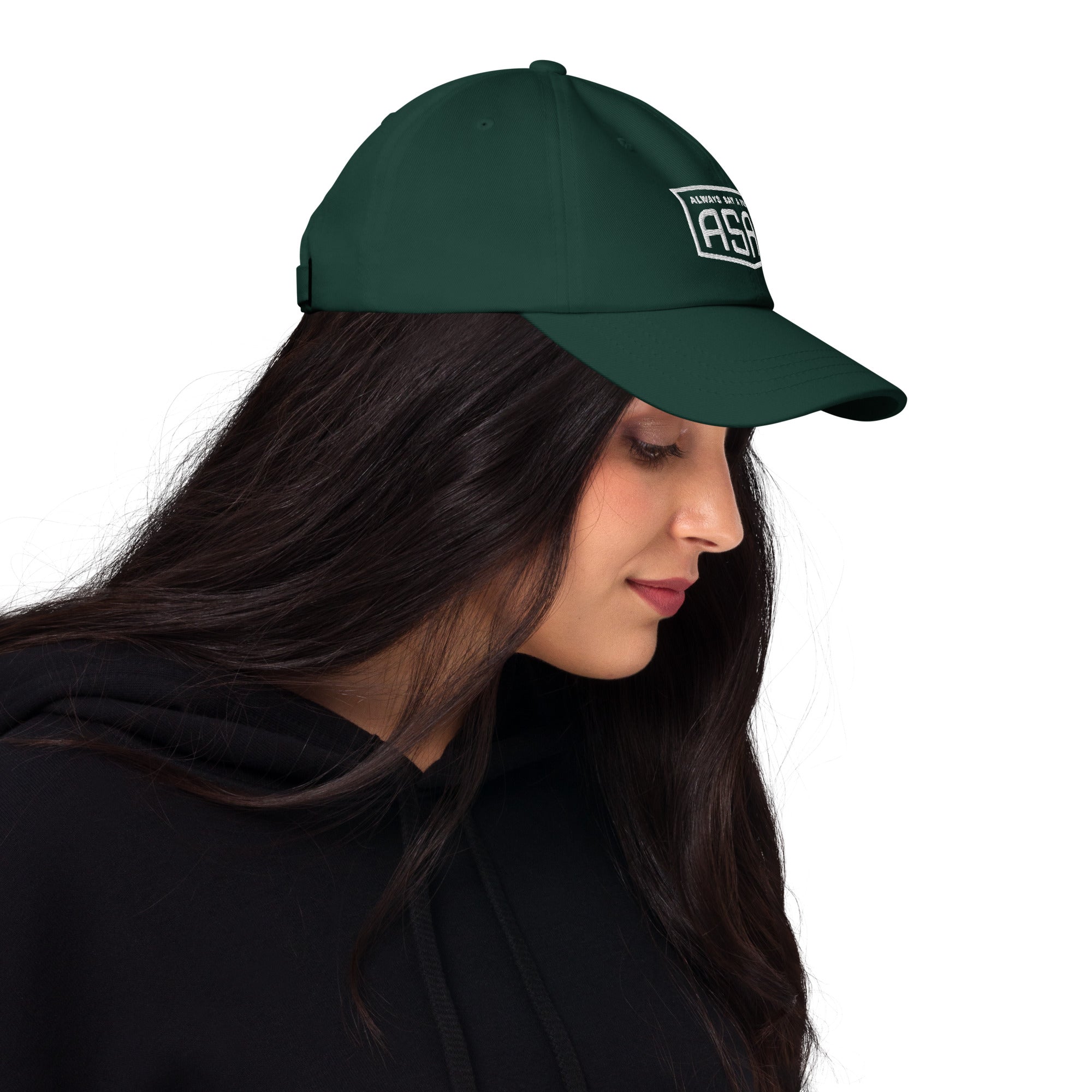 women wearing a classic spruce green Ball cap with white asap print