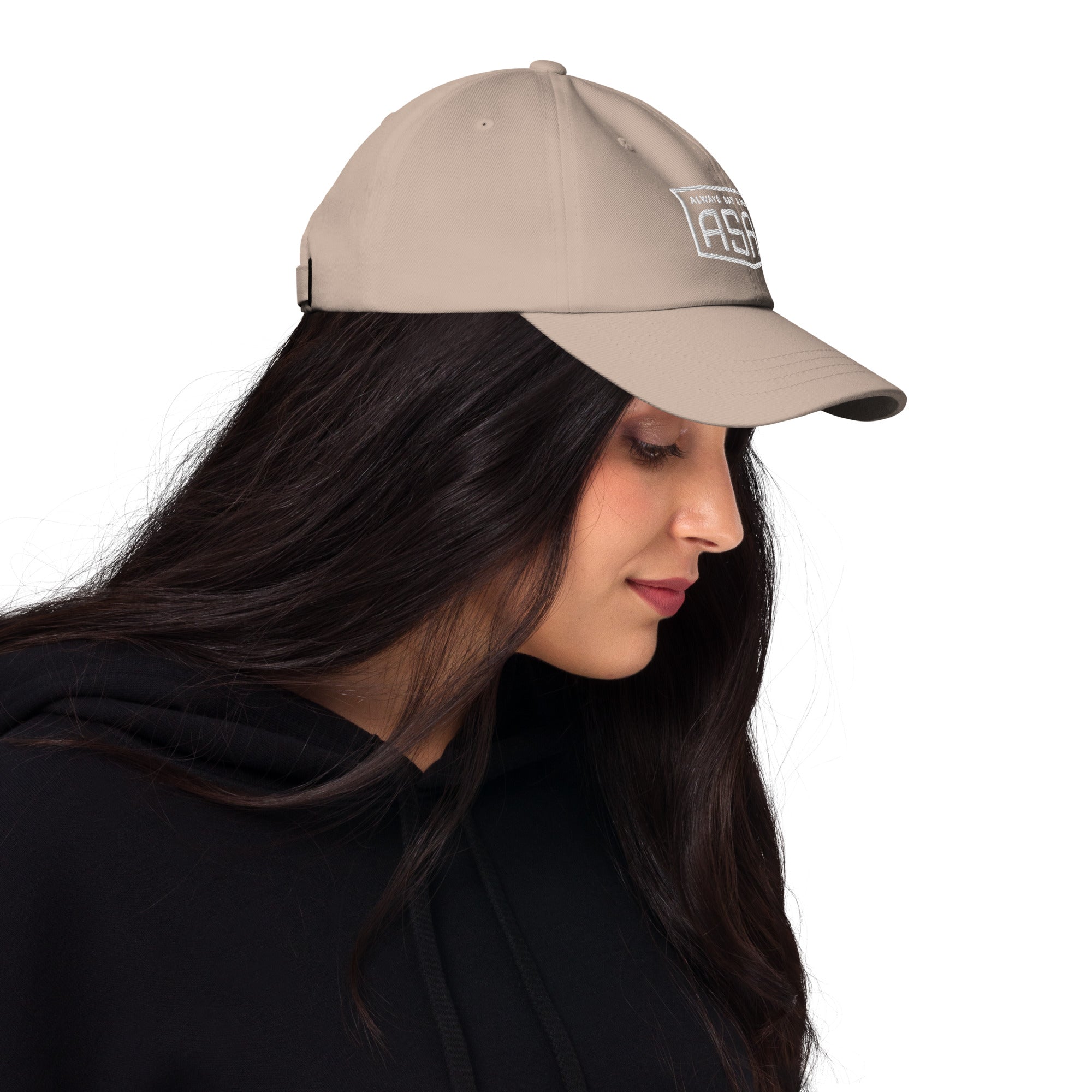 women wearing a classic khaki Ball cap with white asap print