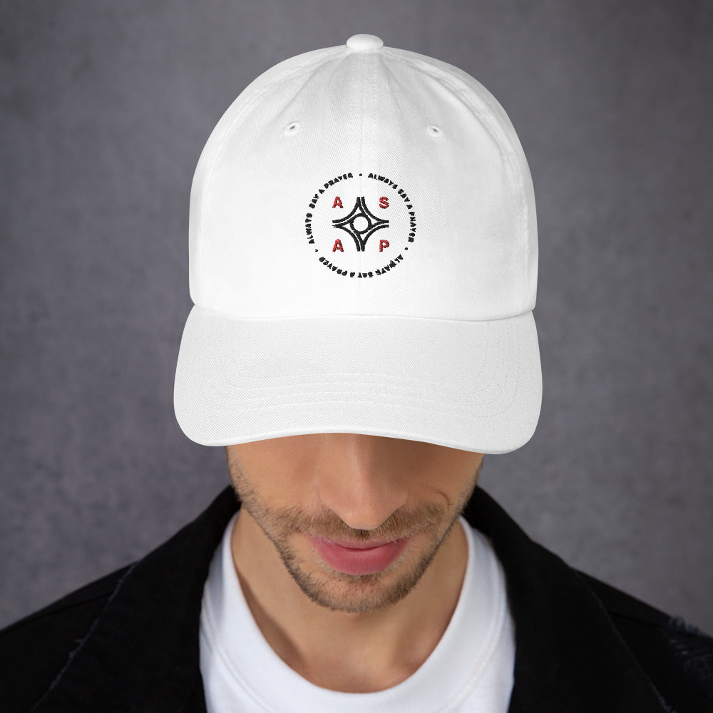men wearing a classic white Ball Cap with black asap print