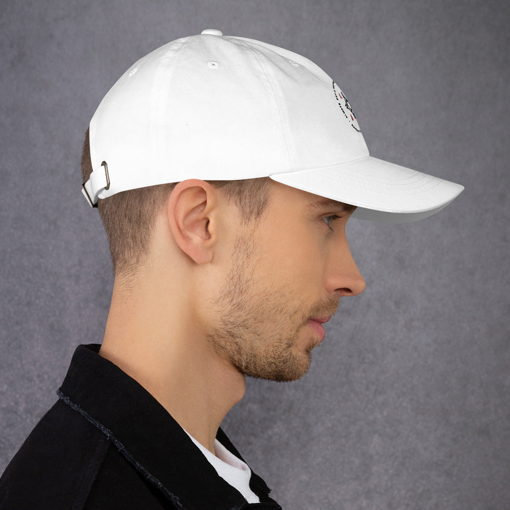men wearing a classic white Ball Cap with black asap print