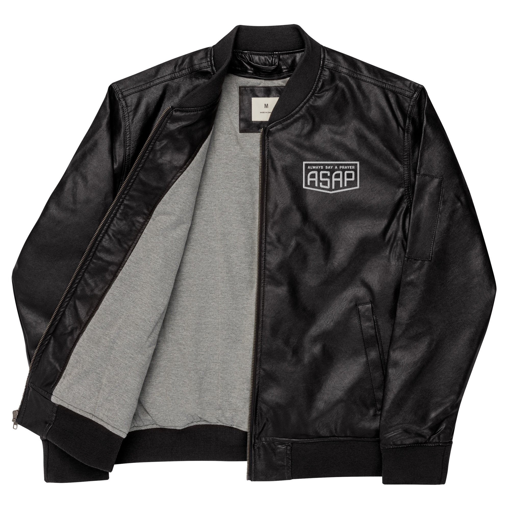 Vegan Leather Bomber Jacket Shield Logo on FRONT ONLY