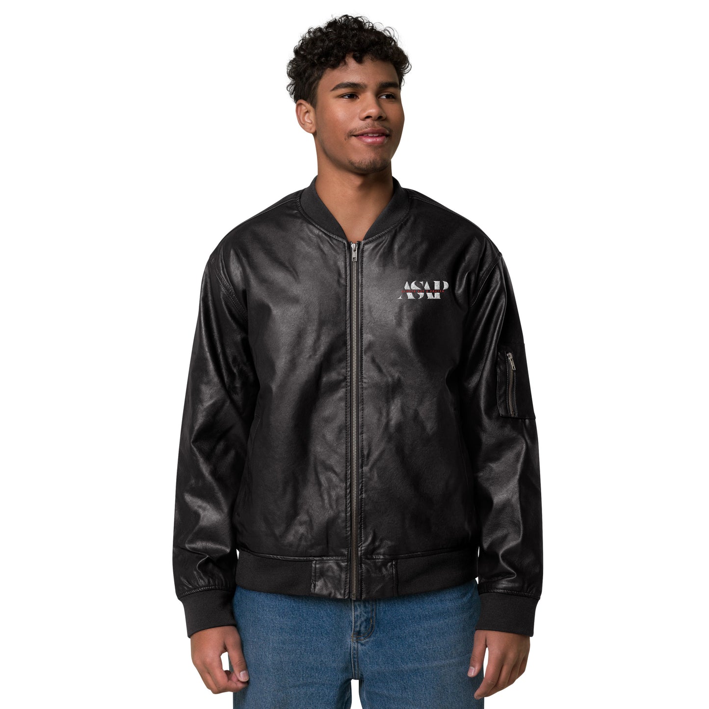 Vegan Leather Bomber Jacket ASAP Logo on FRONT & BACK