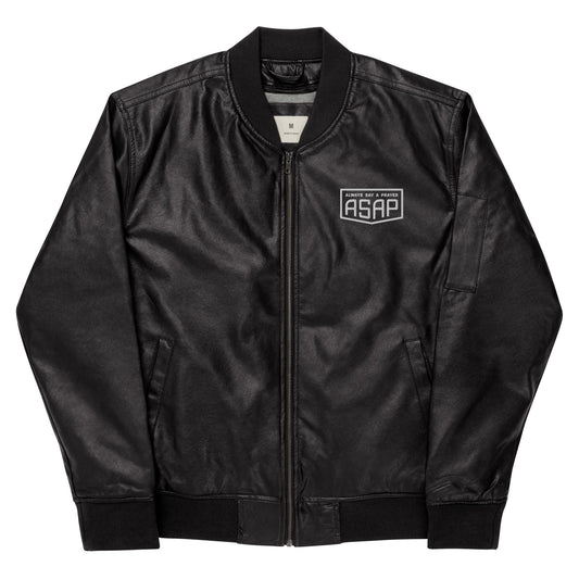 Vegan Leather Bomber Jacket Shield Logo on FRONT ONLY