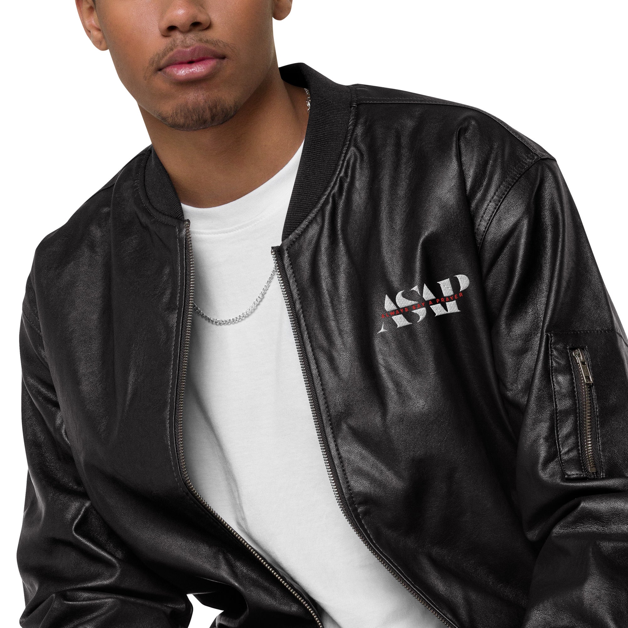 Vegan Leather Bomber Jacket ASAP Logo on FRONT & BACK