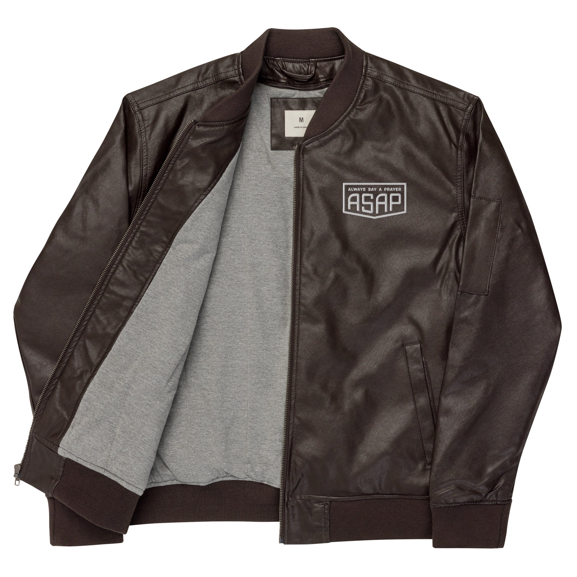 Vegan Leather Bomber Jacket Shield Logo on FRONT ONLY