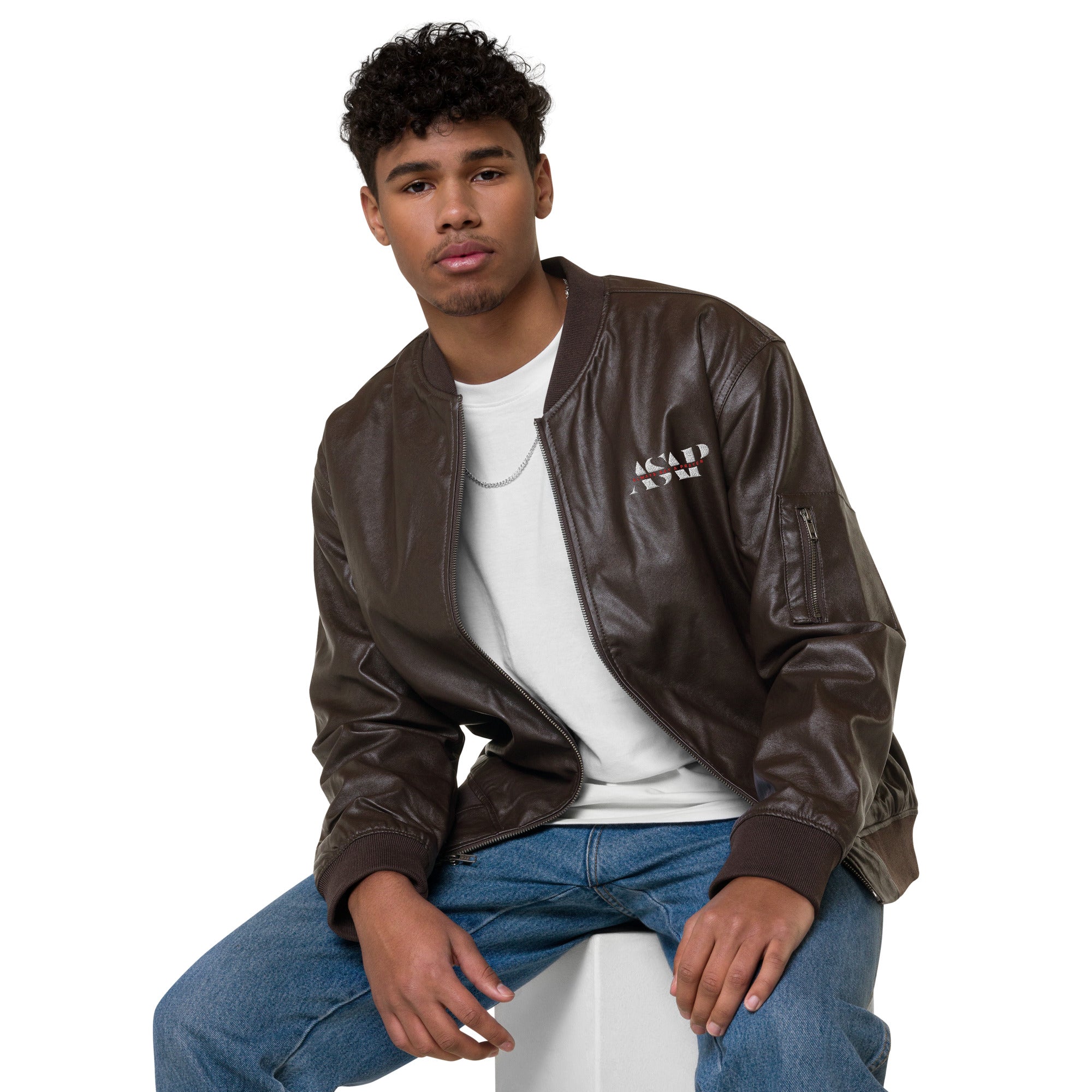 Vegan Leather Bomber Jacket ASAP Logo on FRONT & BACK