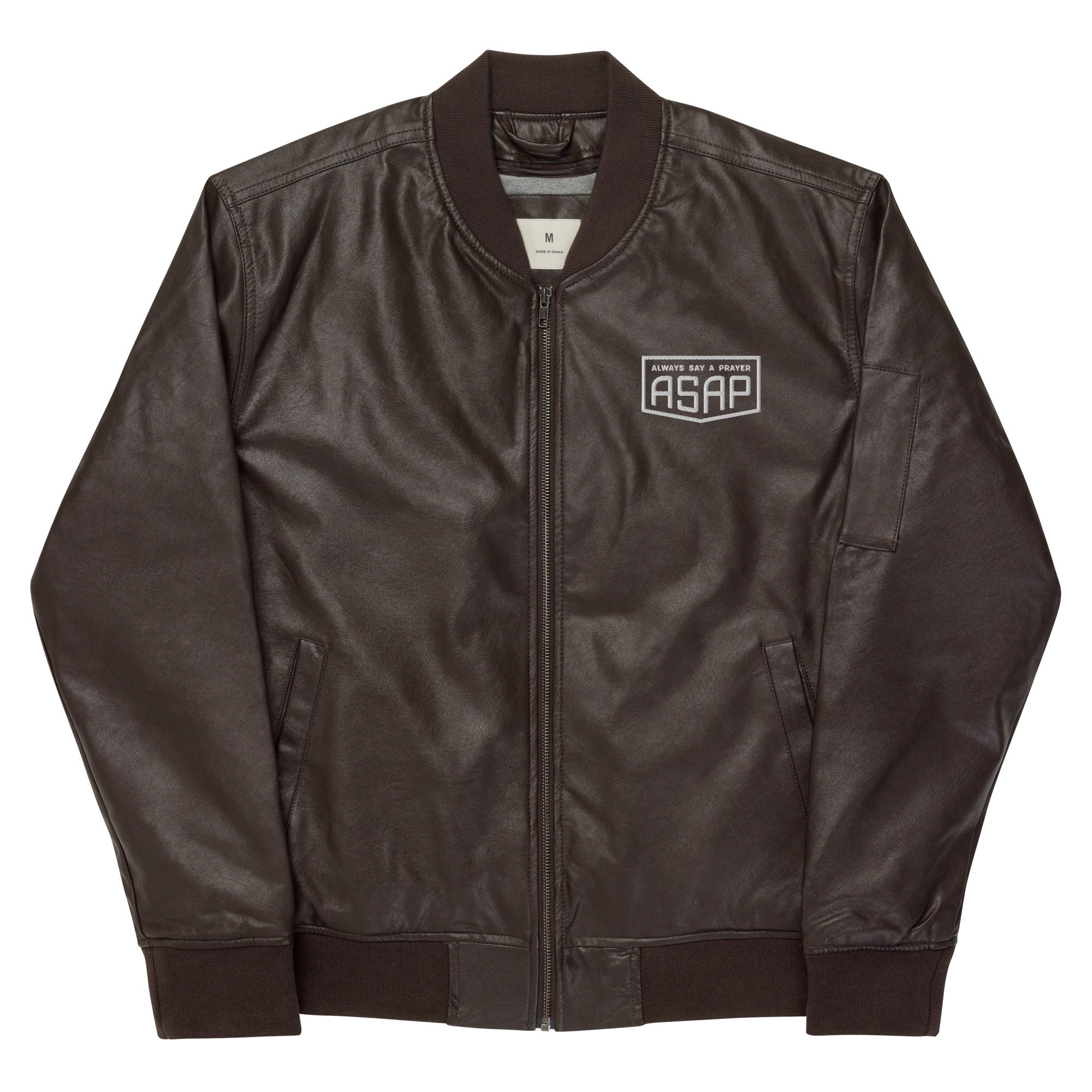 Vegan Leather Bomber Jacket Shield Logo on FRONT ONLY