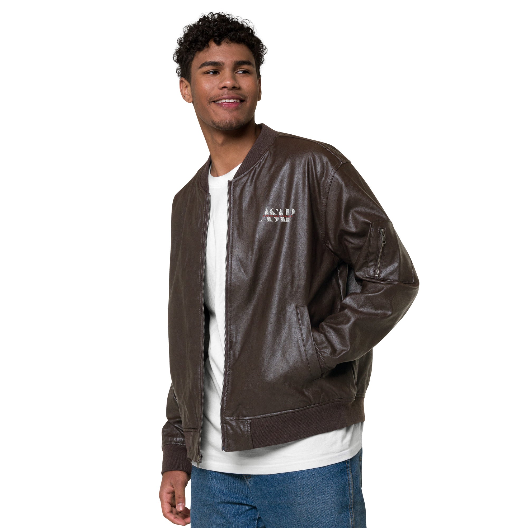 Vegan Leather Bomber Jacket ASAP Logo on FRONT & BACK