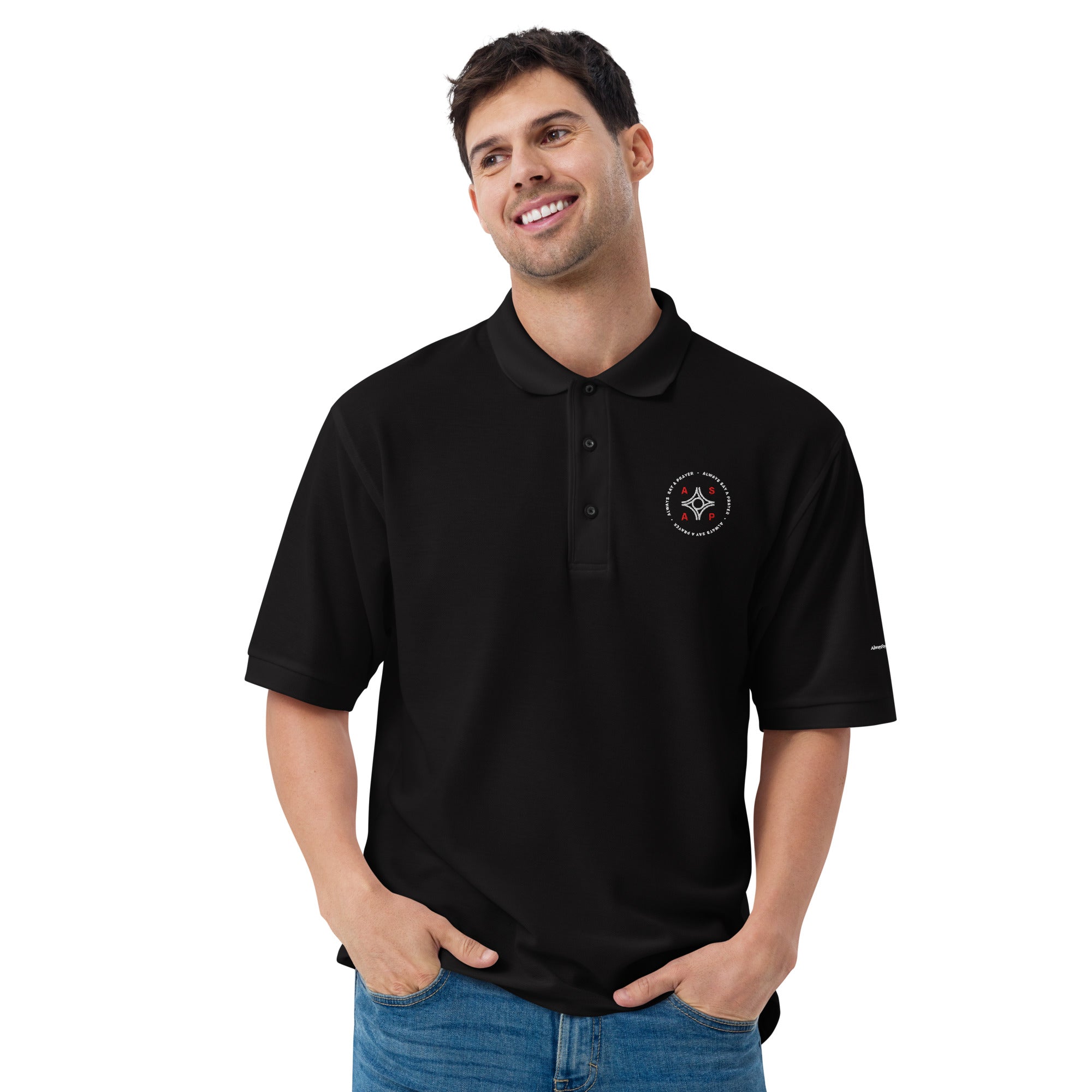 men wearing a premium black polo shirt with white asap print
