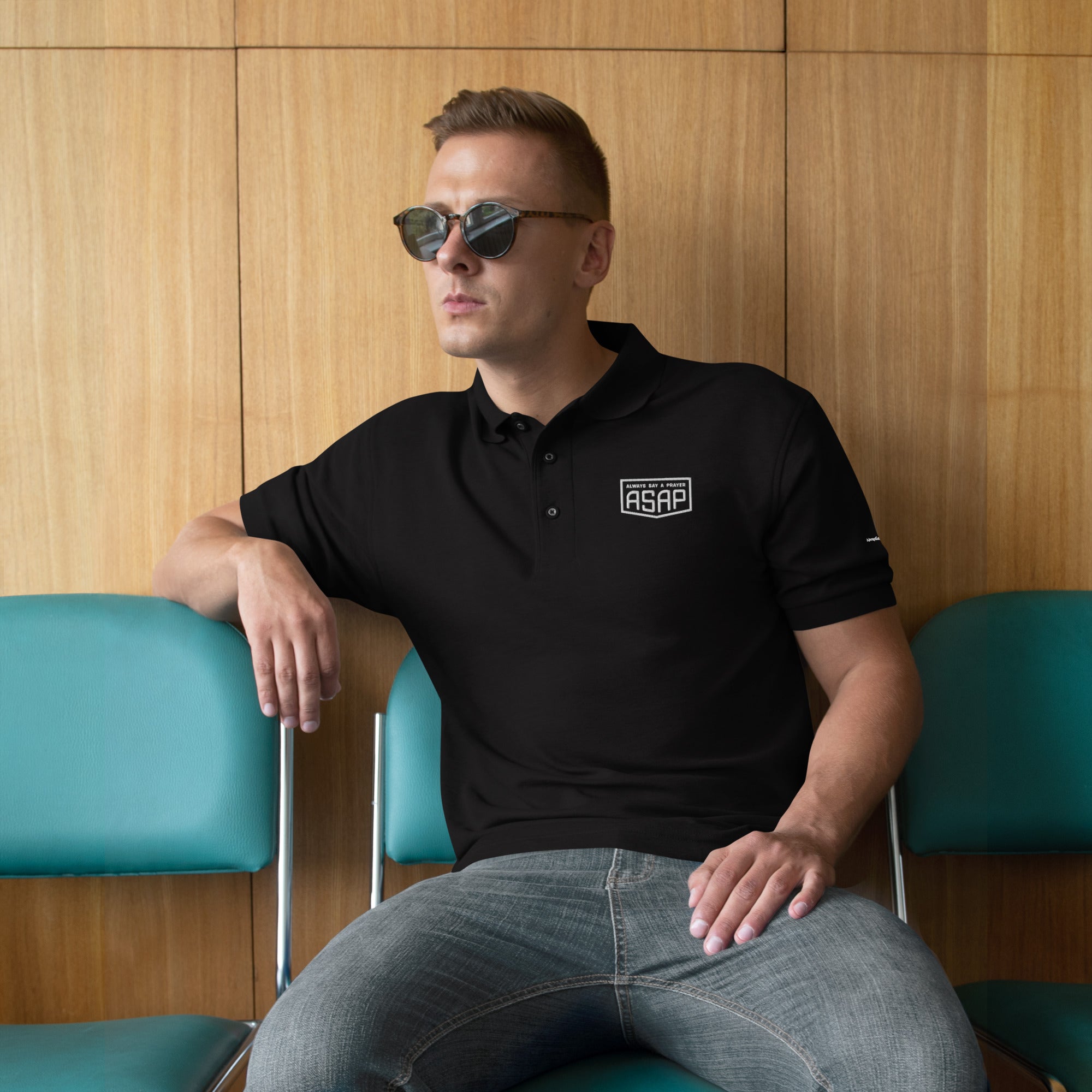 men wearing a premium black polo shirt with white asap print
