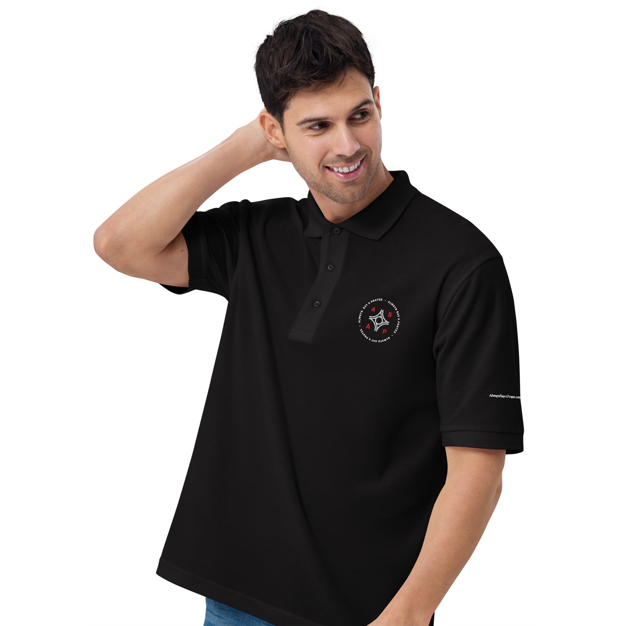 men wearing a premium black polo shirt with white asap print