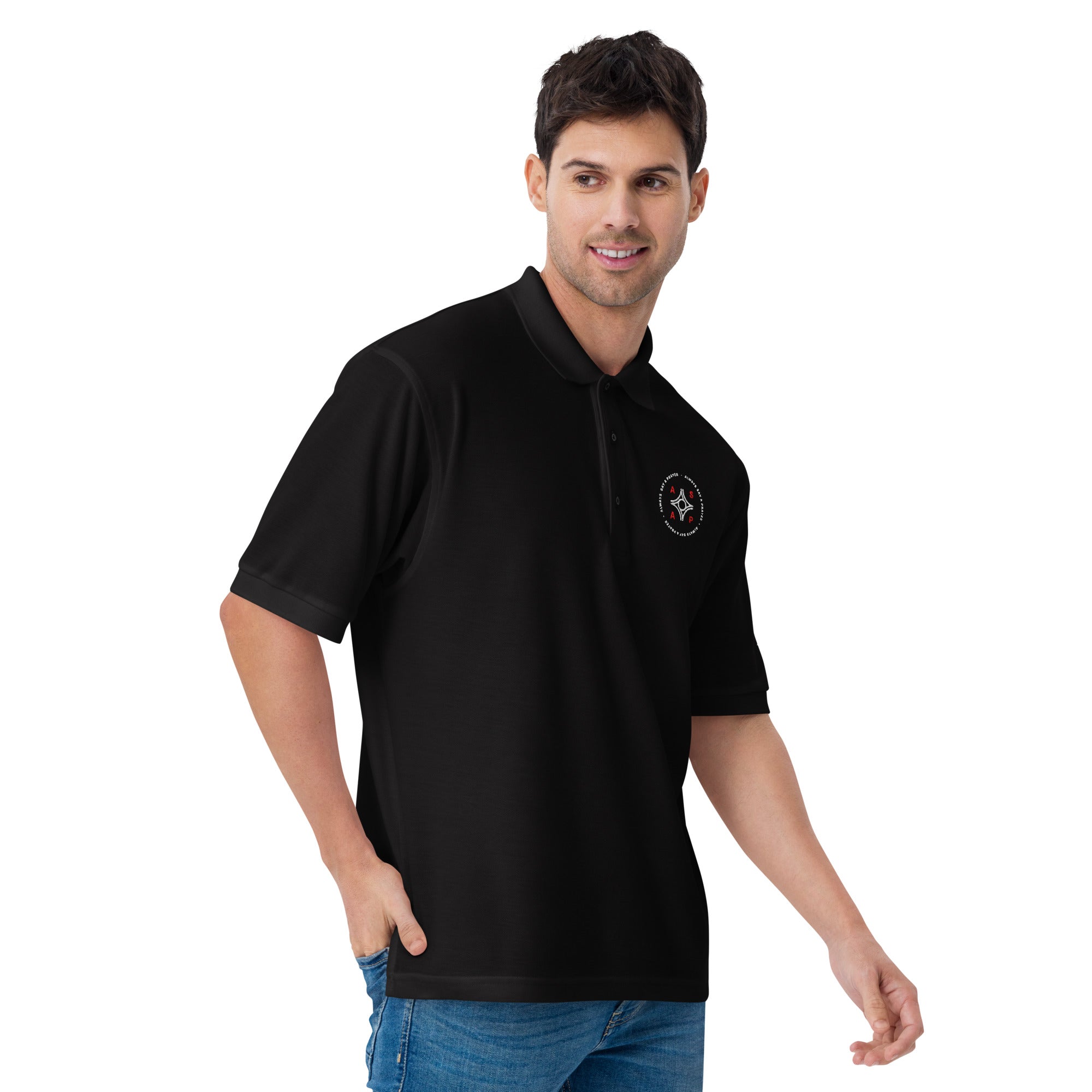 men wearing a premium black polo shirt with white asap print
