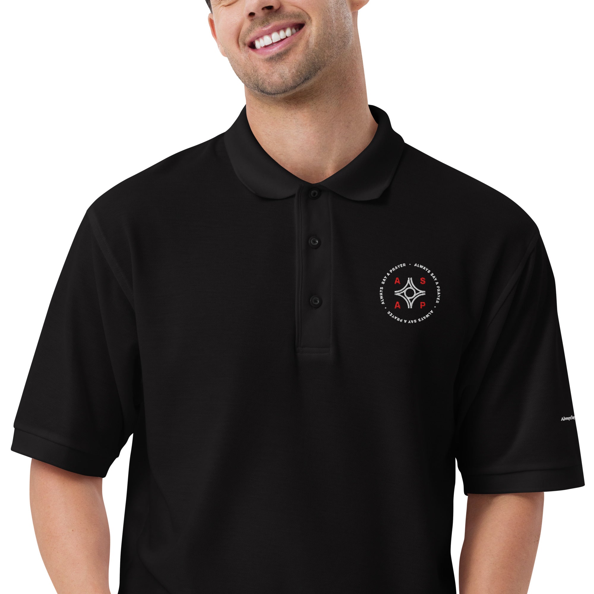 men wearing a premium black polo shirt with white asap print