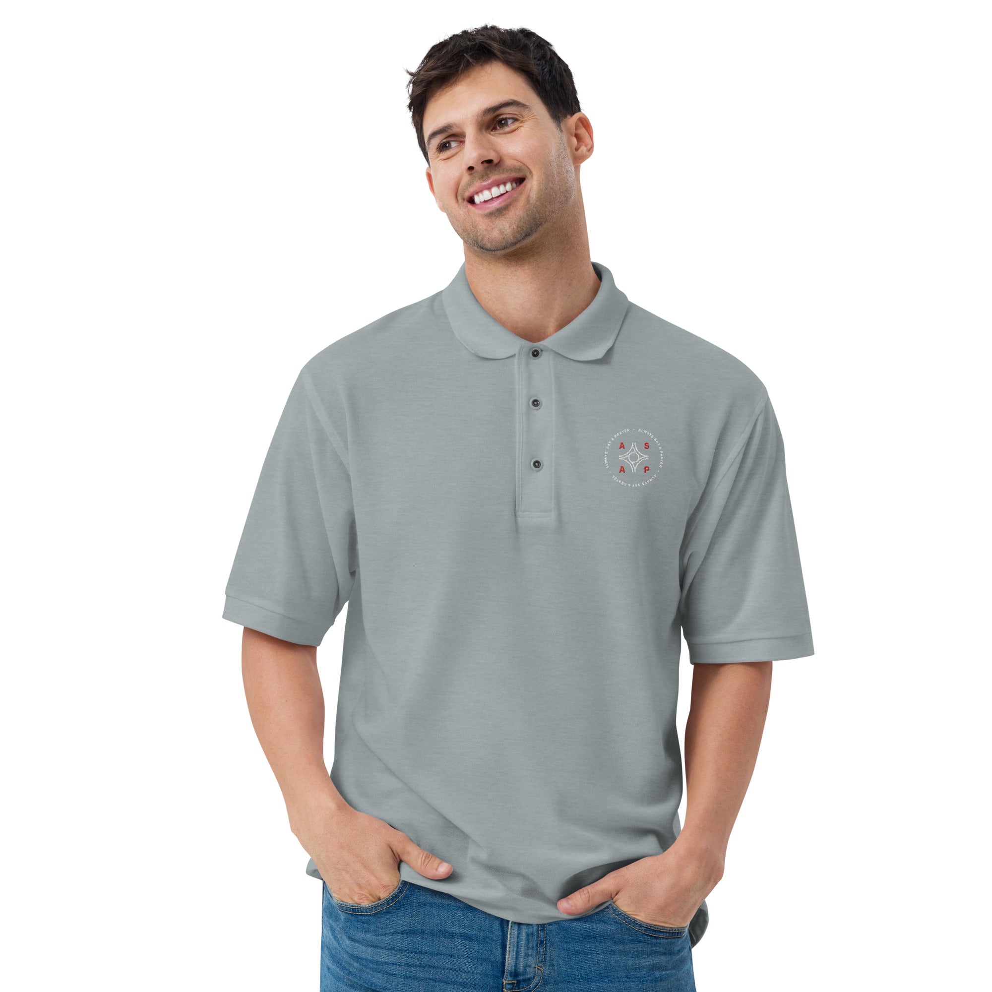 men wearing a  light grey premium polo shirt with white asap print