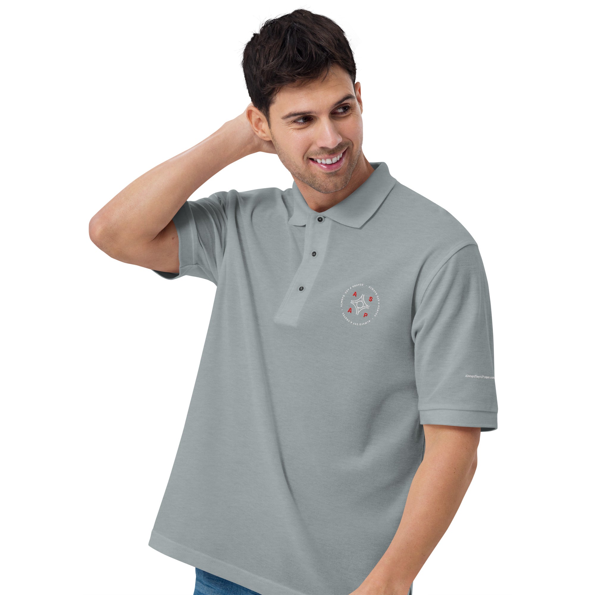 men wearing a premium grey polo shirt with white asap print