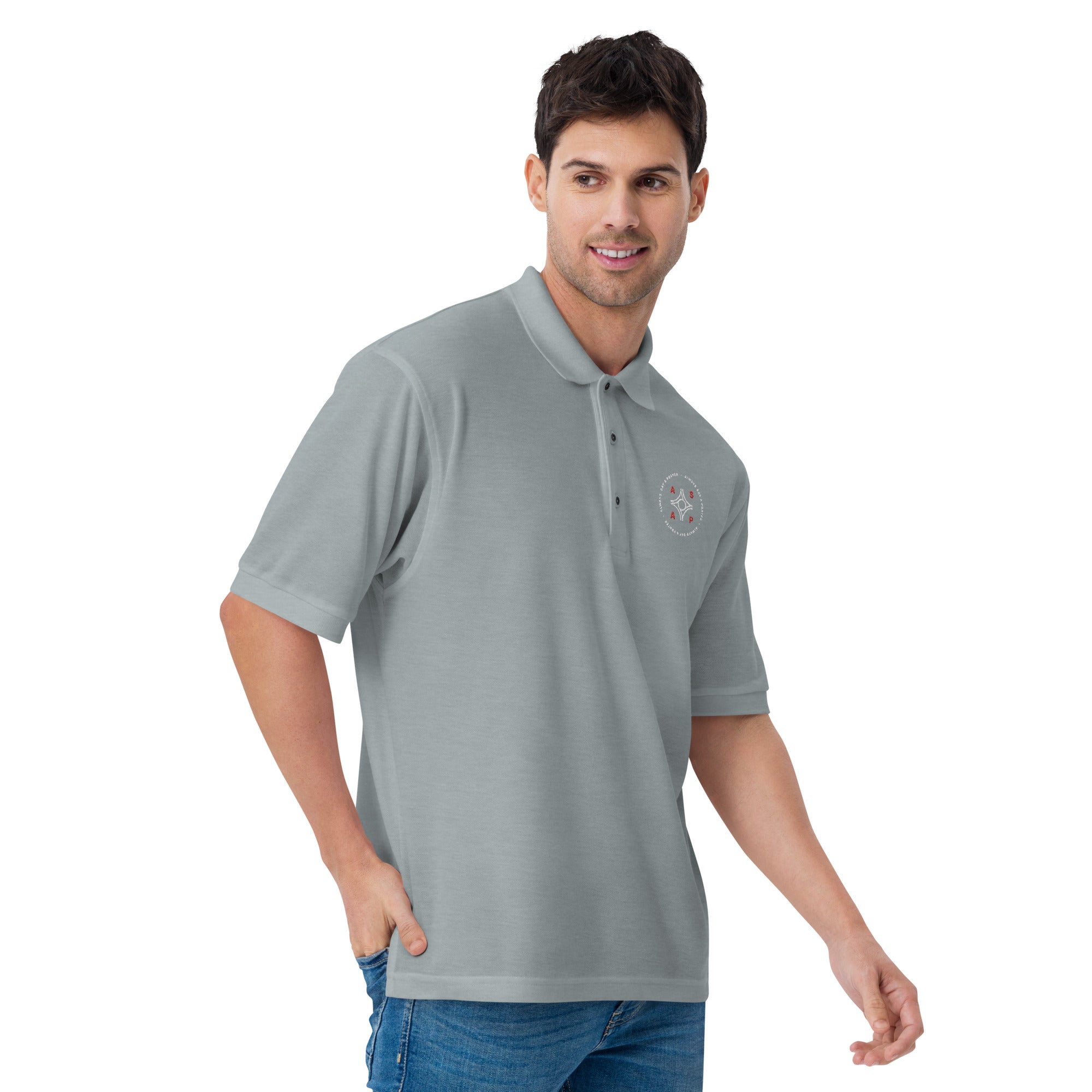 men wearing a  light grey premium polo shirt with white asap print