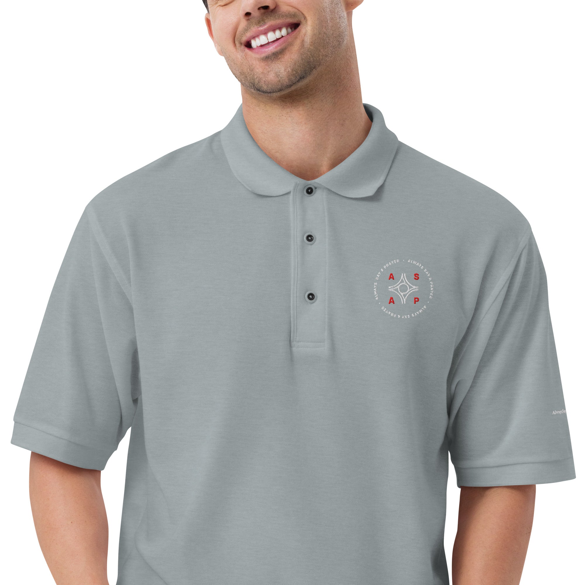 men wearing a premium grey polo shirt with white asap print