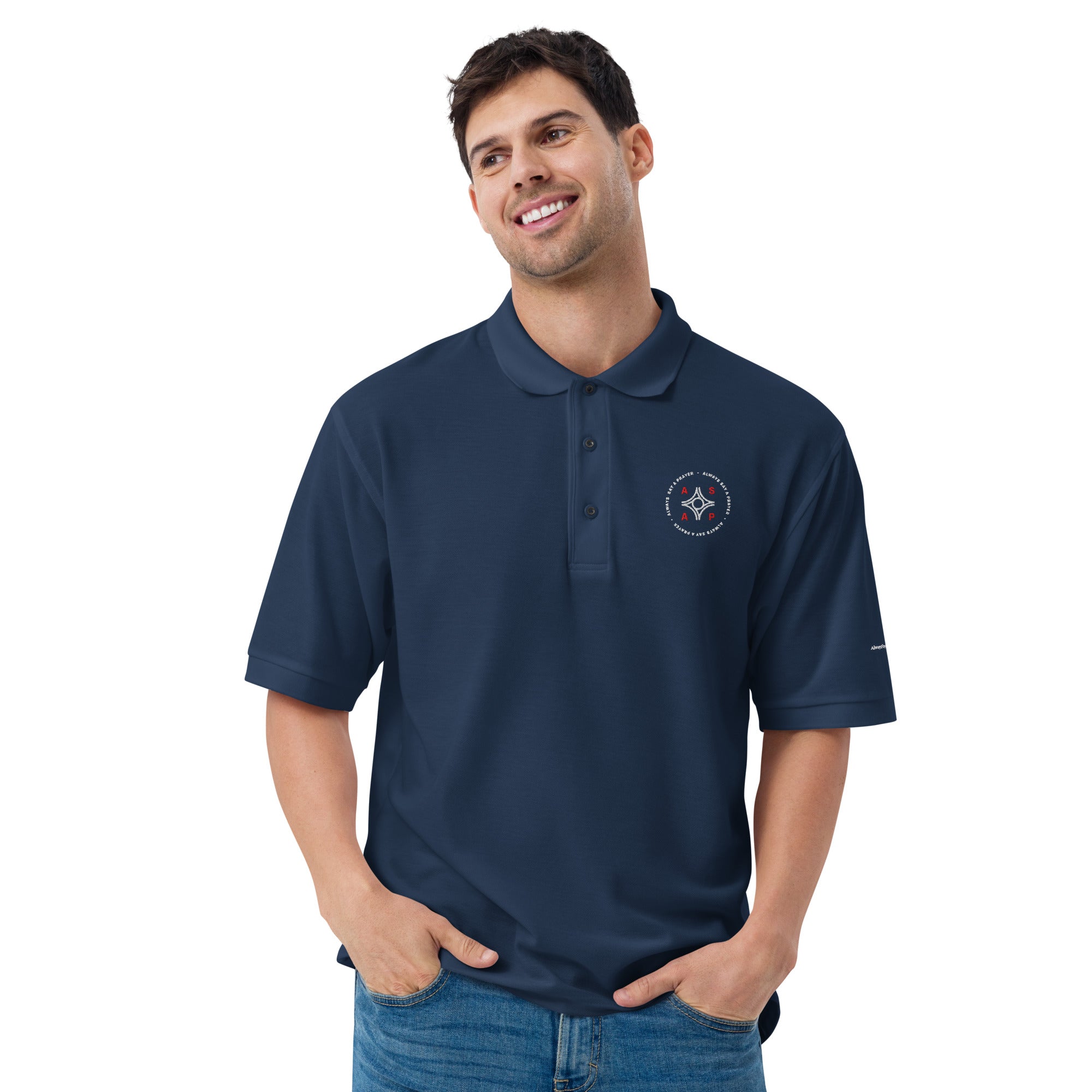 men wearing a premium navy blue polo shirt with white asap print