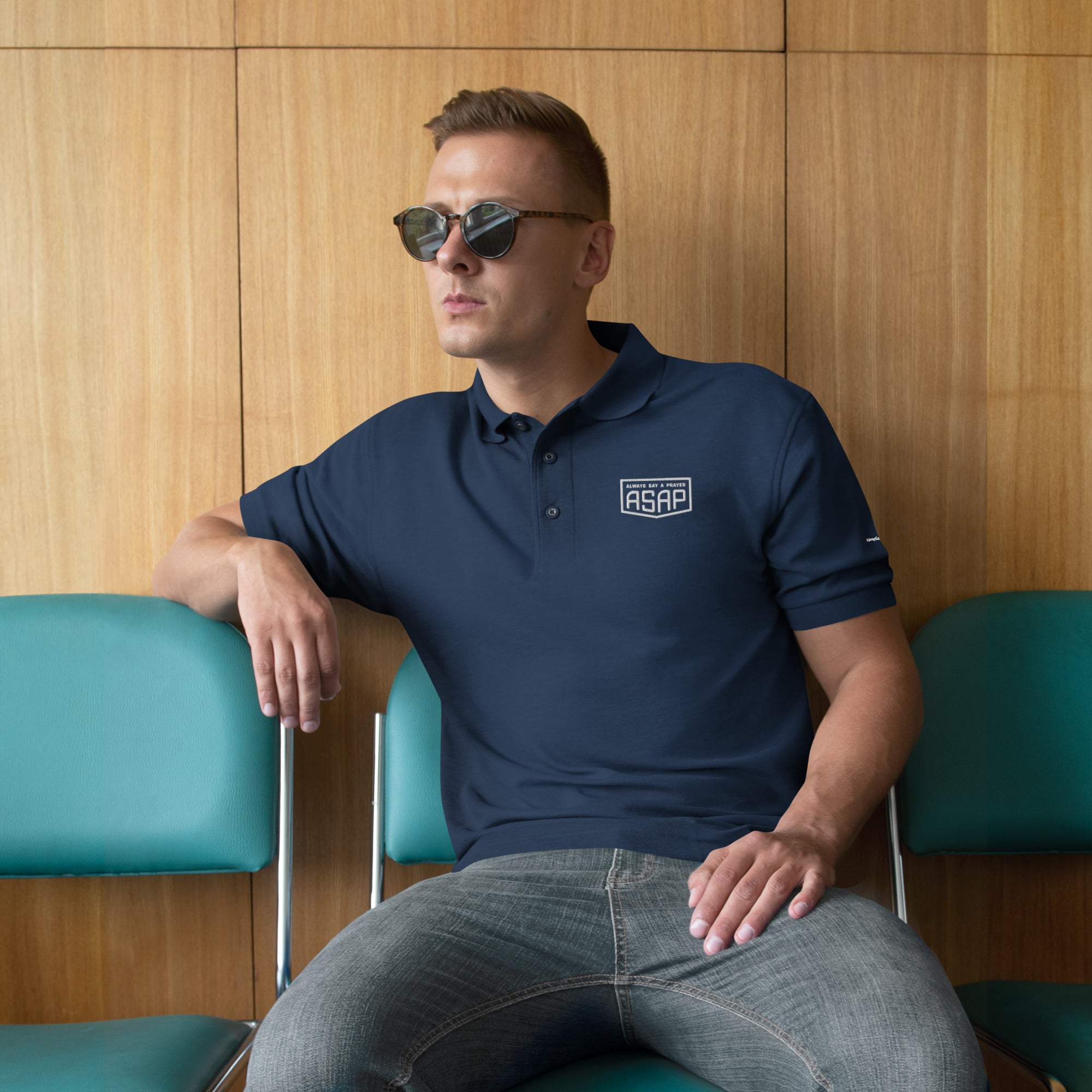 men wearing a premium navy blue polo shirt with white asap print