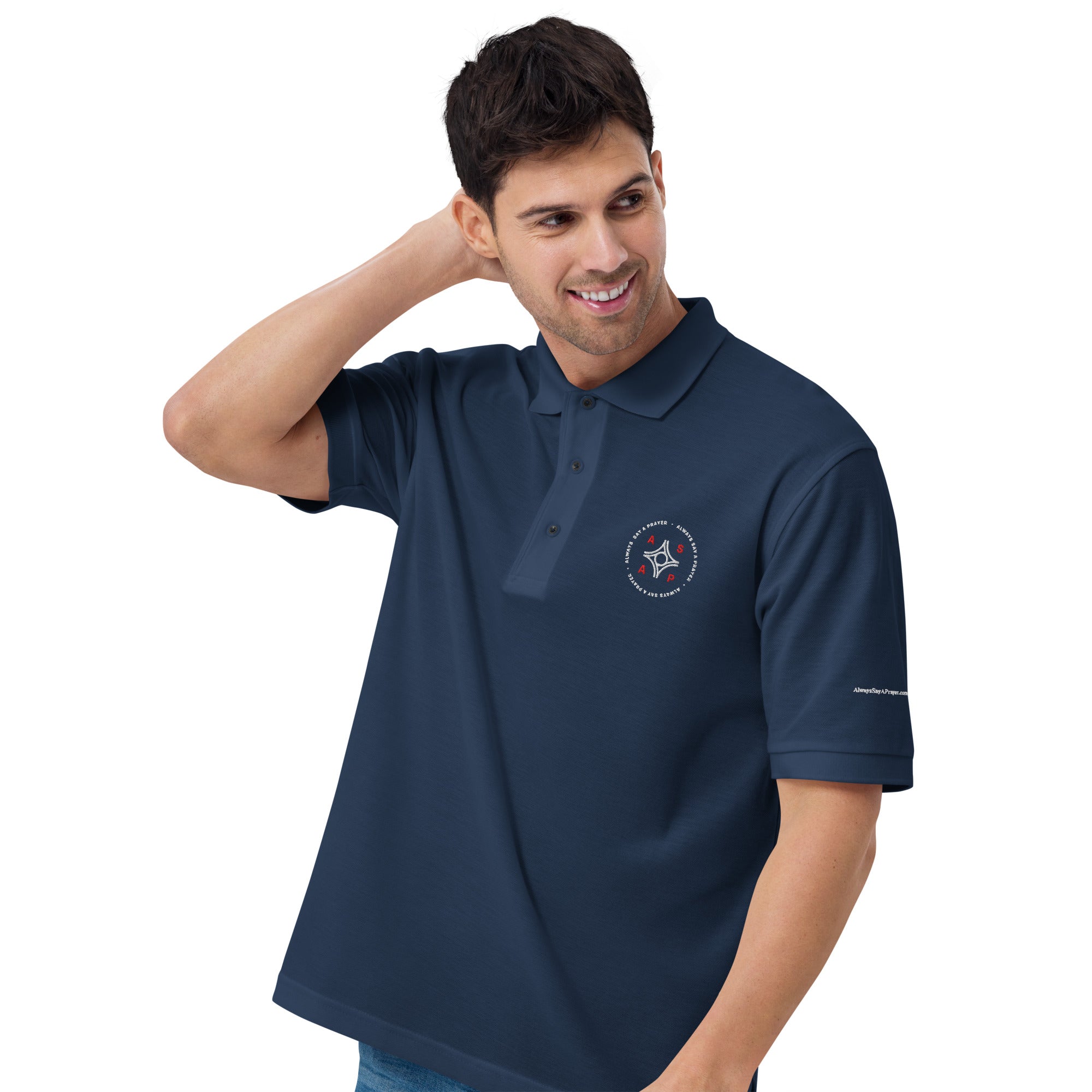 men wearing a premium navy blue polo shirt with white asap print