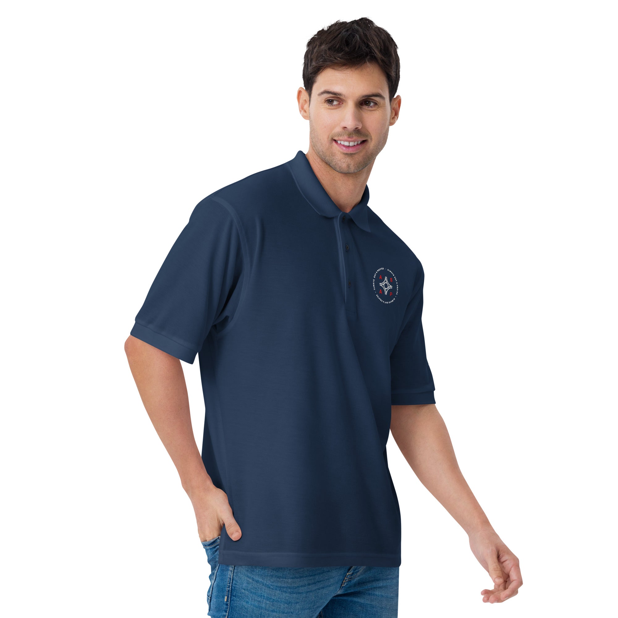 men wearing a premium navy blue polo shirt with white asap print