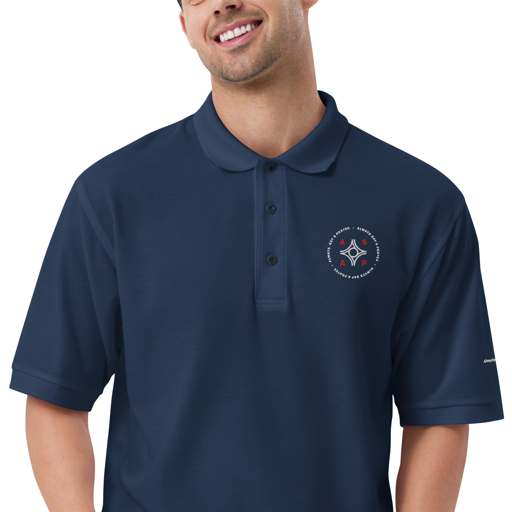men wearing a premium navy blue polo shirt with white asap print